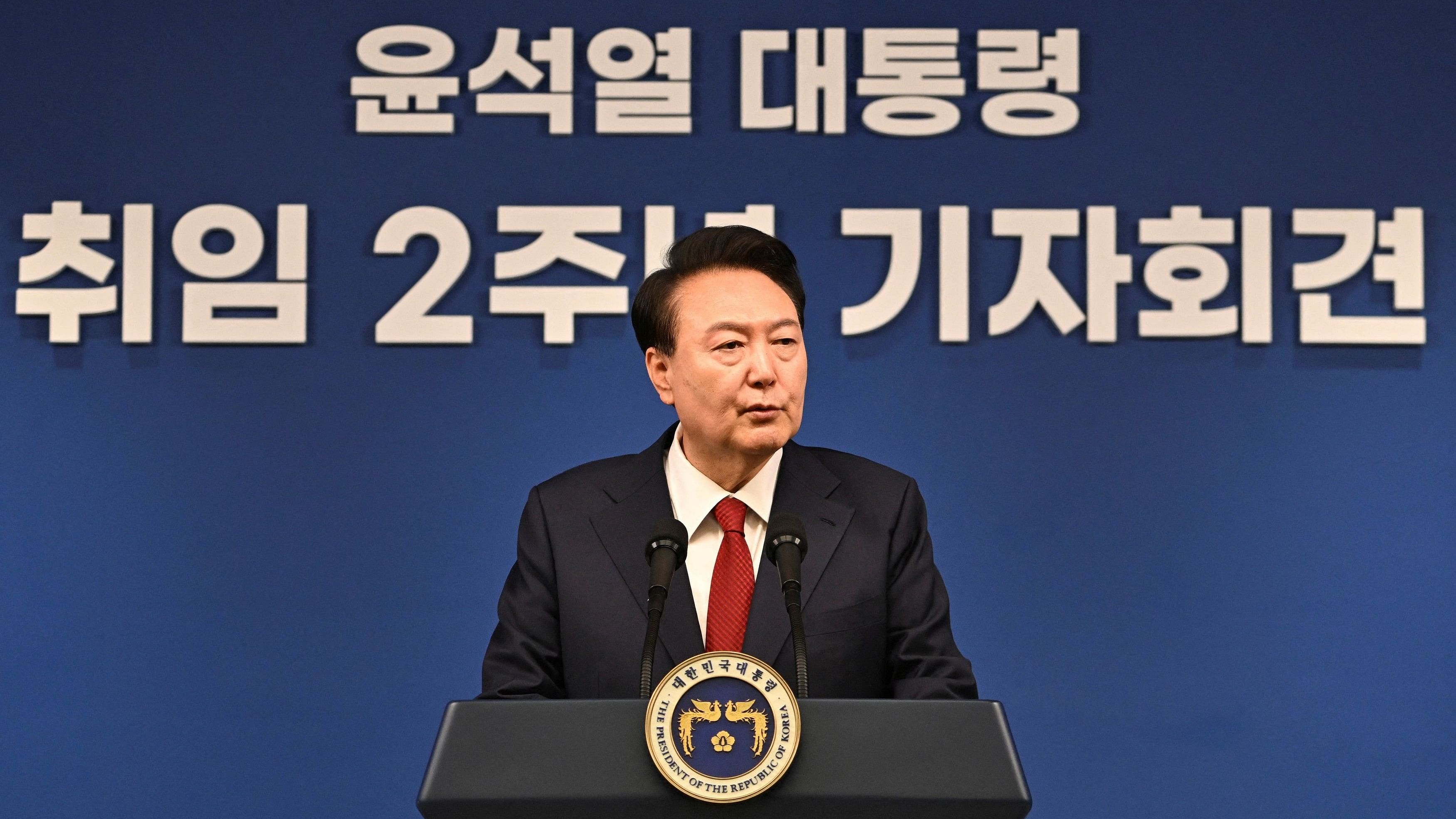 <div class="paragraphs"><p>South Korean President Yoon Suk-yeol attends a press conference marking two years in office, at the Presidential Office in Seoul, South Korea, May 9, 2024.</p></div>