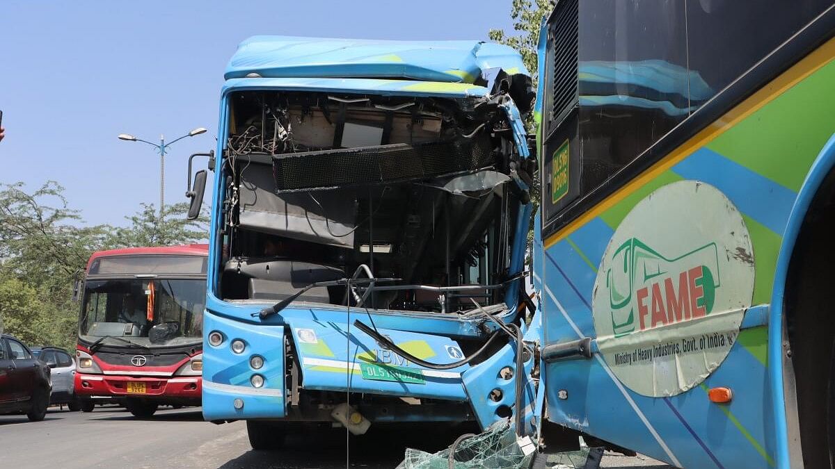 <div class="paragraphs"><p>A damaged bus that collided with another on the Ring Road in Nauroji Nagar, in New Delhi.</p></div>