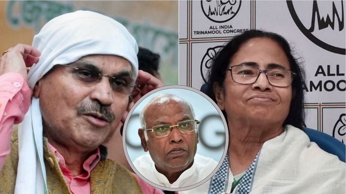 <div class="paragraphs"><p>Chief Minister Mamata Banerjee (R) and State Congress chief Adhir Ranjan Chowdhury and inset,&nbsp;Congress President Mallikarjun Kharge.</p></div>