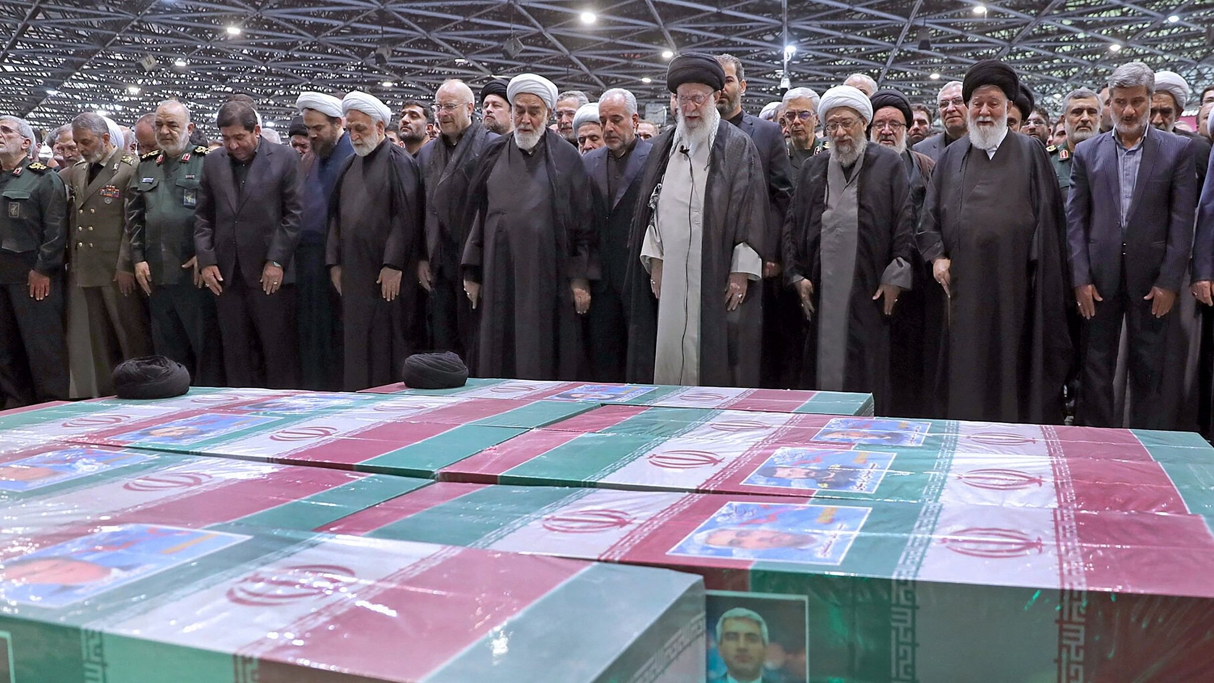 <div class="paragraphs"><p>Iran's Supreme Leader Ayatollah Ali Khamenei performs prayer at a funeral for victims of helicopter crash that killed Iran's President Ebrahim Raisi, Foreign Minister Hossein Abdollahian and others, in Tehran, Iran, May 22,2024.</p></div>