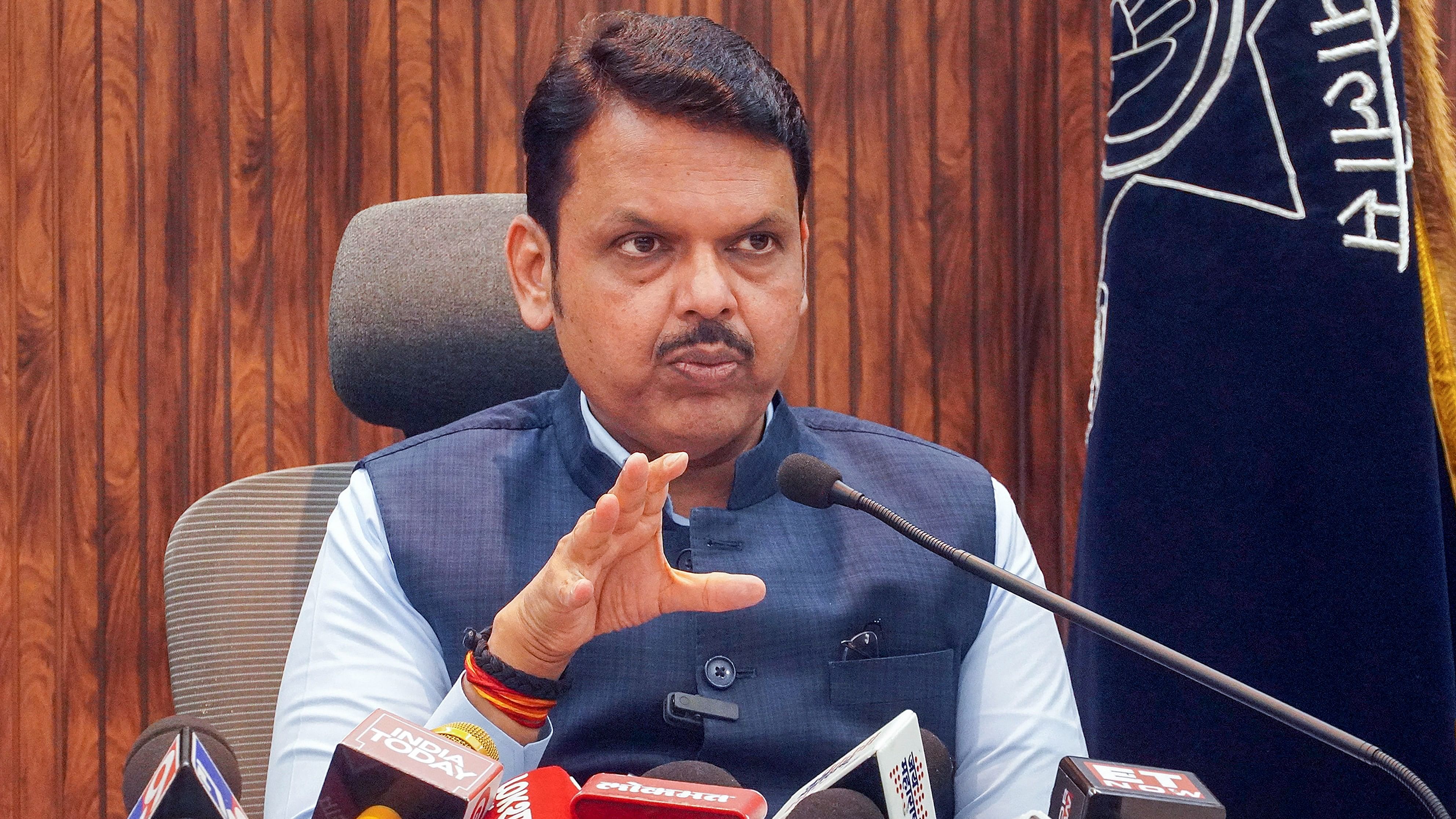 <div class="paragraphs"><p>Maharashtra Dy CM Devendra Fadnavis addresses a press conference at Pune Police Commissioner's office, in Pune, on Tuesday.</p></div>