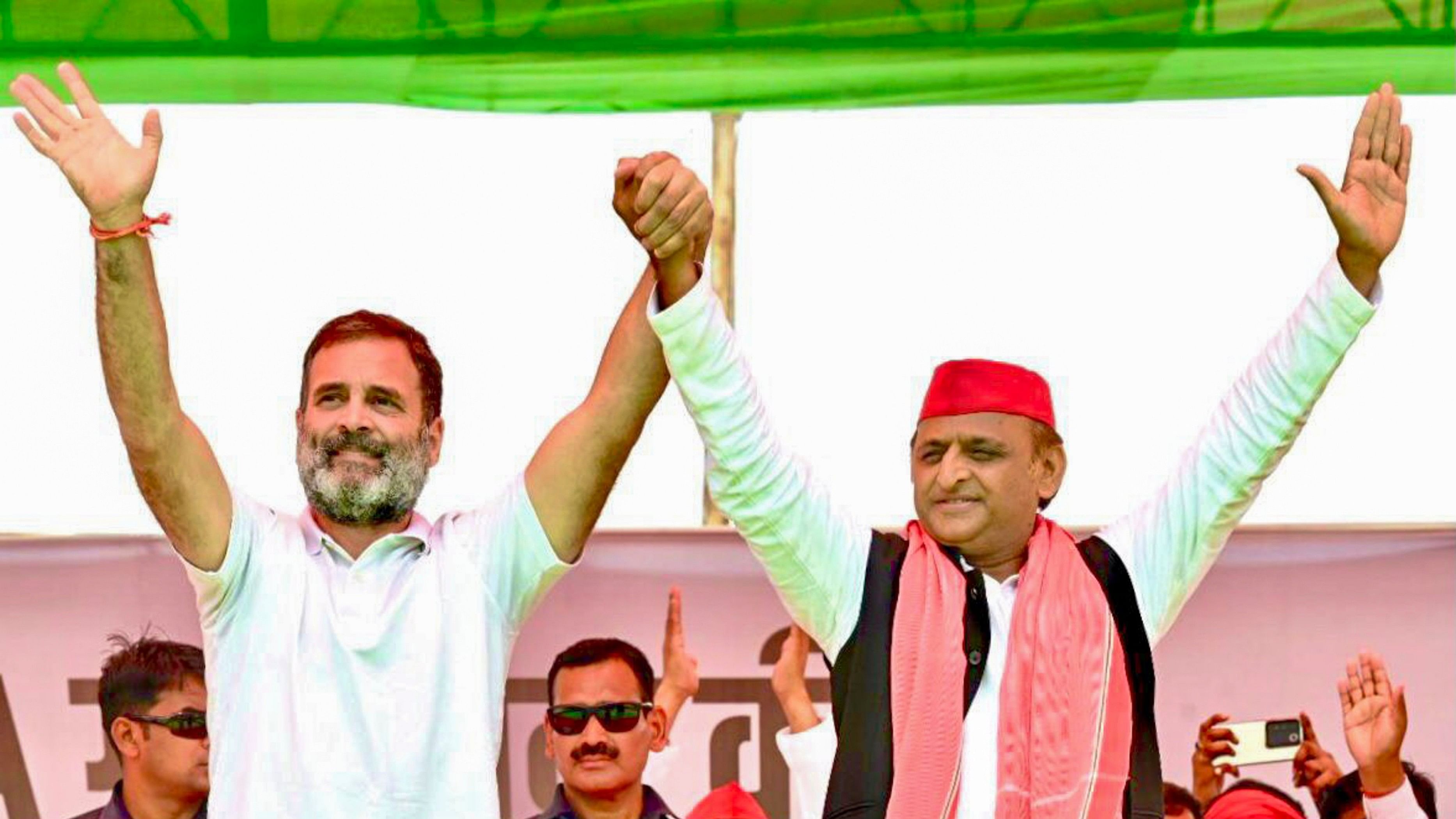 <div class="paragraphs"><p>Congress leader Rahul Gandhi and Samajwadi Party President Akhilesh Yadav during a rally for Lok Sabha elections, in Kannauj district, Friday, May 10, 2024.  </p></div>