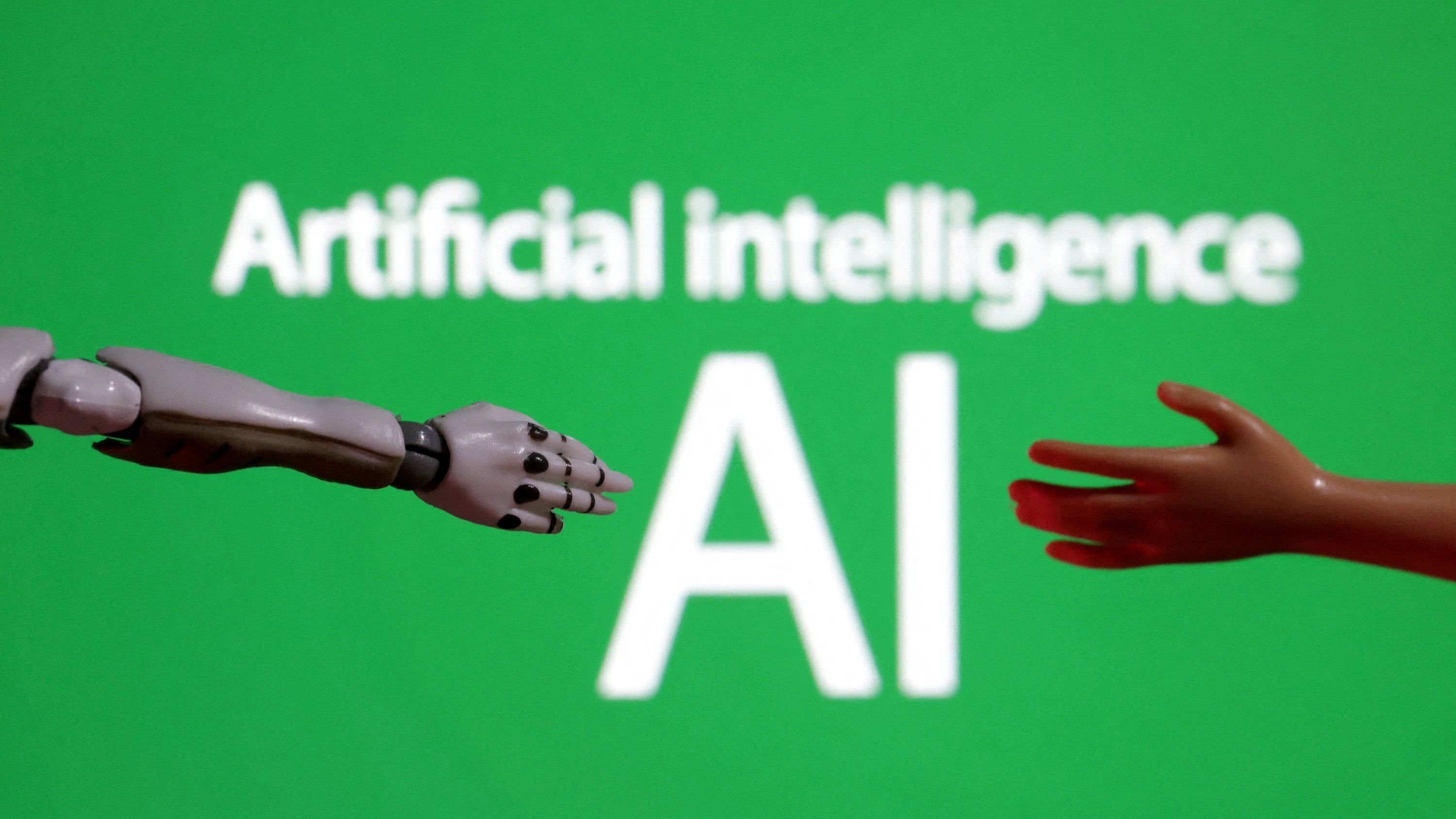 <div class="paragraphs"><p>Words reading "Artificial intelligence AI", miniature of robot and toy hand are pictured in this illustration.</p></div>