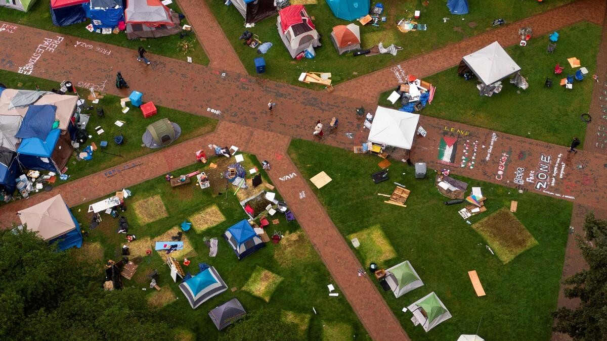 <div class="paragraphs"><p>A drone view shows marks left by tents, as people pack up to leave a protest encampment in support of Palestinians in Gaza, during the ongoing conflict between Israel and the Palestinian Islamist group Hamas, after protesters agreed to voluntarily end the camp by Monday afternoon at the University of Washington in Seattle, Washington, U.S. May 18, 2024.</p></div>