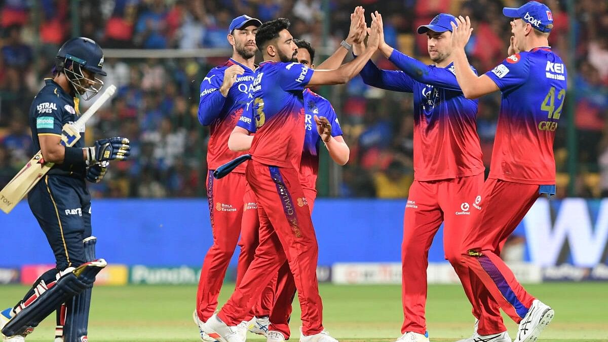 <div class="paragraphs"><p>RCB players celebrate after taking a wicket at their match against Gujarat Titans  at M Chinnaswamy Stadium in Bengaluru.</p></div>