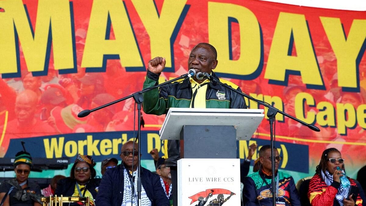 <div class="paragraphs"><p>South Africa President Cyril Ramaphosa speaks at the Congress of South African Trade Unions (COSATU) National Worker's Day rally.</p></div>