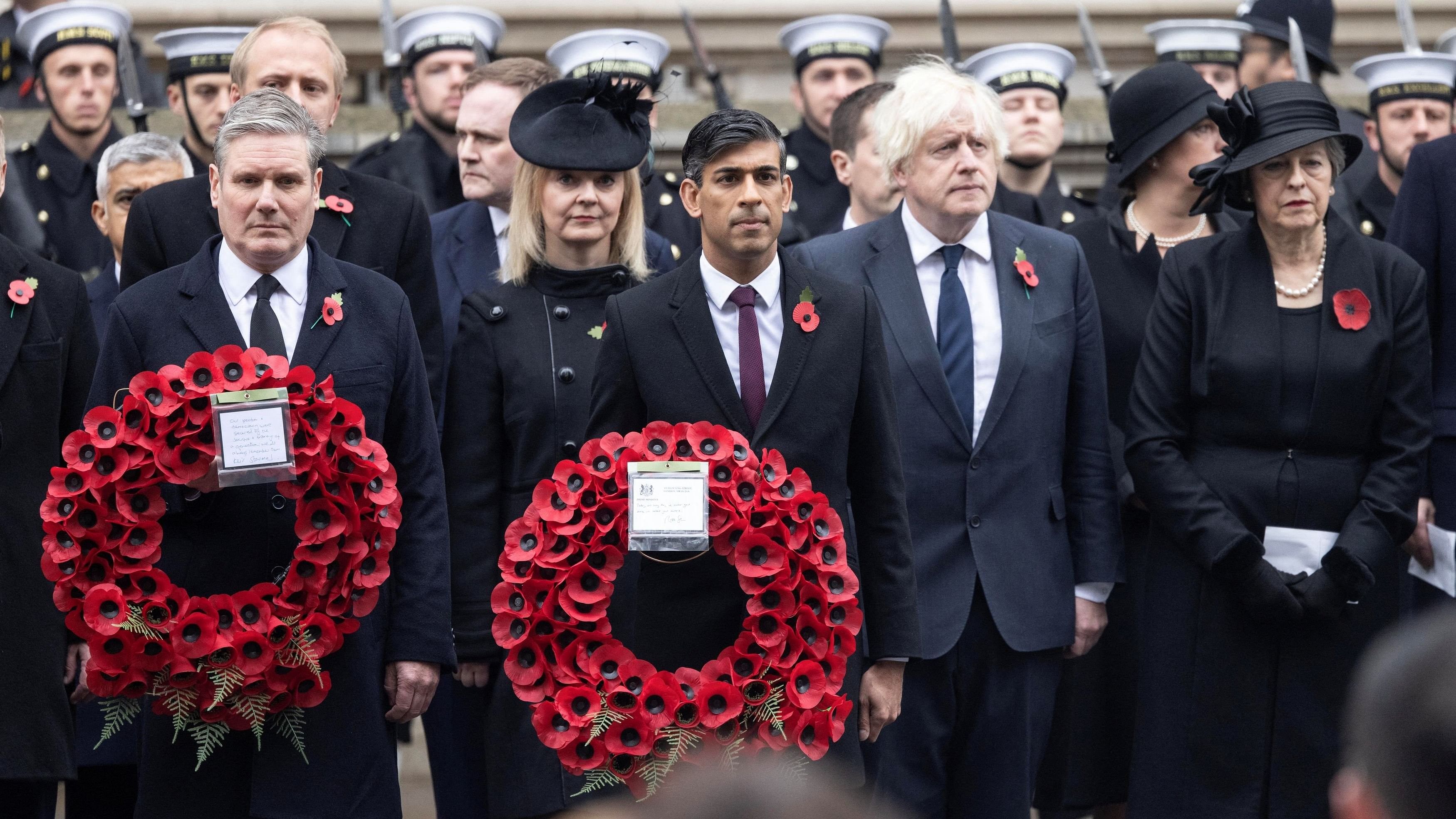 <div class="paragraphs"><p>File Photo: Britain's Prime Minister Rishi Sunak, Labour Party leader Keir Starmer, former prime ministers Liz Truss, Boris Johnson and Theresa May attend the National Service of Remembrance at The Cenotaph on Whitehall in London, Britian November 12, 2023.      </p></div>