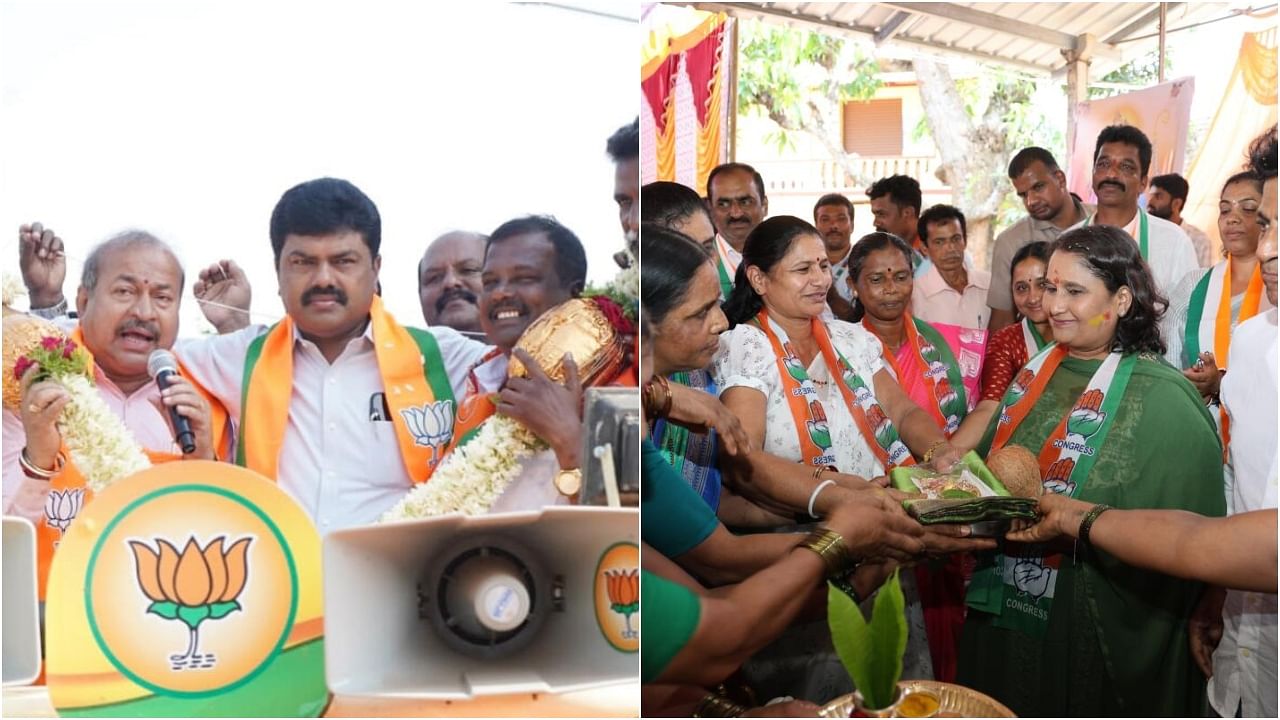 <div class="paragraphs"><p>B Y Raghavendra on election campaign(L) and&nbsp;Congress candidate Geetha Shivarajkumar</p></div>