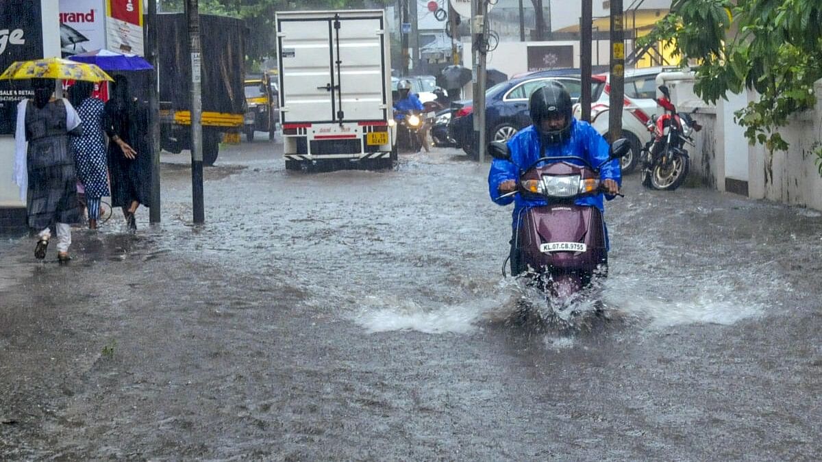 <div class="paragraphs"><p>Vehicles move on a flooded road during rain, in Kochi.</p></div>