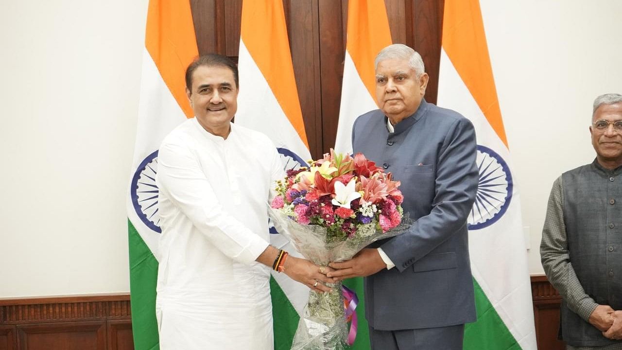 <div class="paragraphs"><p>NCP leader Praful Patel takes oath as member of the Rajya Sabha in presence of  Chairman Jagdeep Dhankhar on Friday.</p></div>