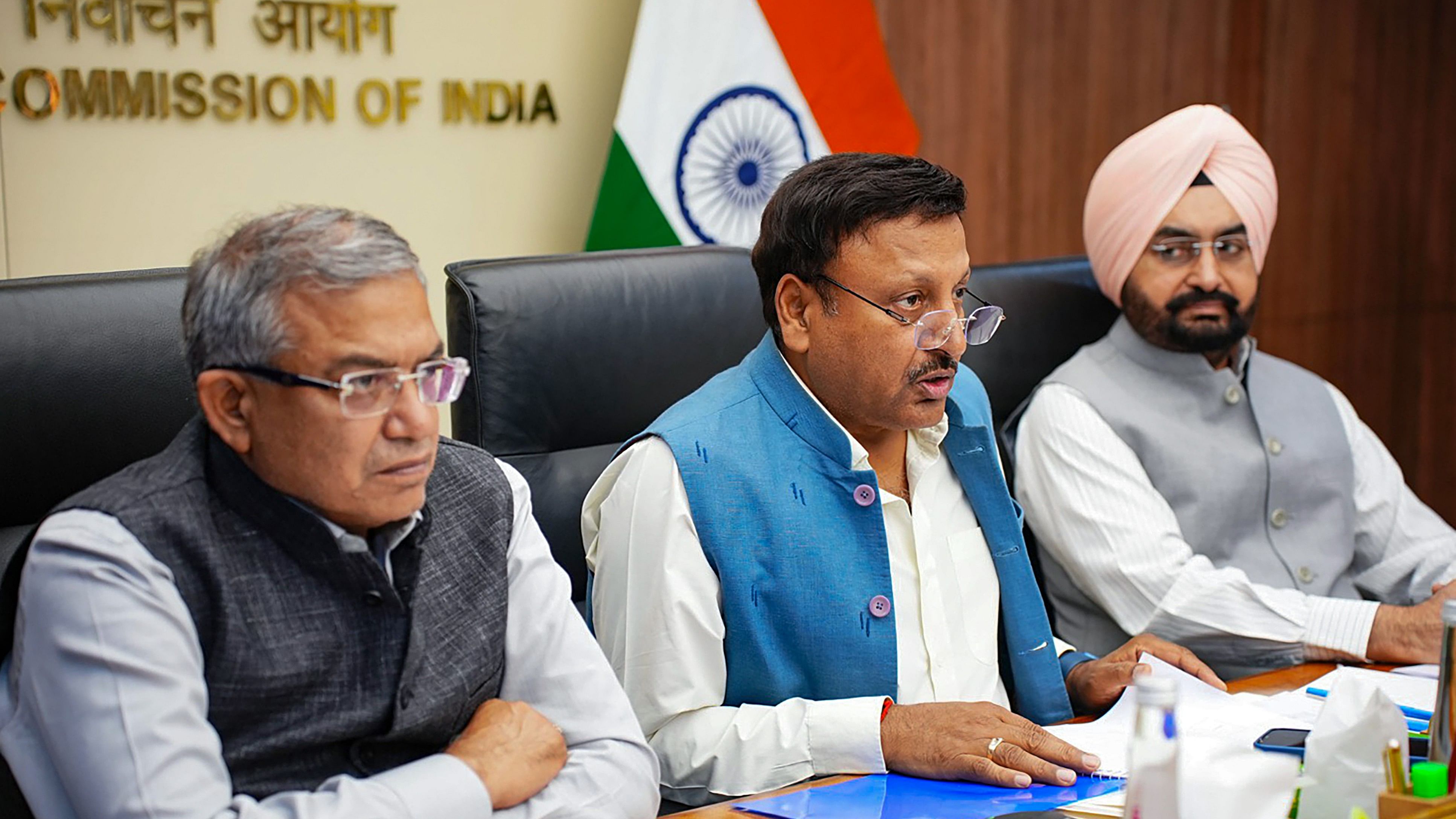 <div class="paragraphs"><p>Chief Election Commissioner Rajiv Kumar with Election Commissioners Gyanesh Kumar and Sukhbir Singh Sandhu during a meeting to review preparedness for Phase 3 of General Elections 2024, in New Delhi.</p></div>