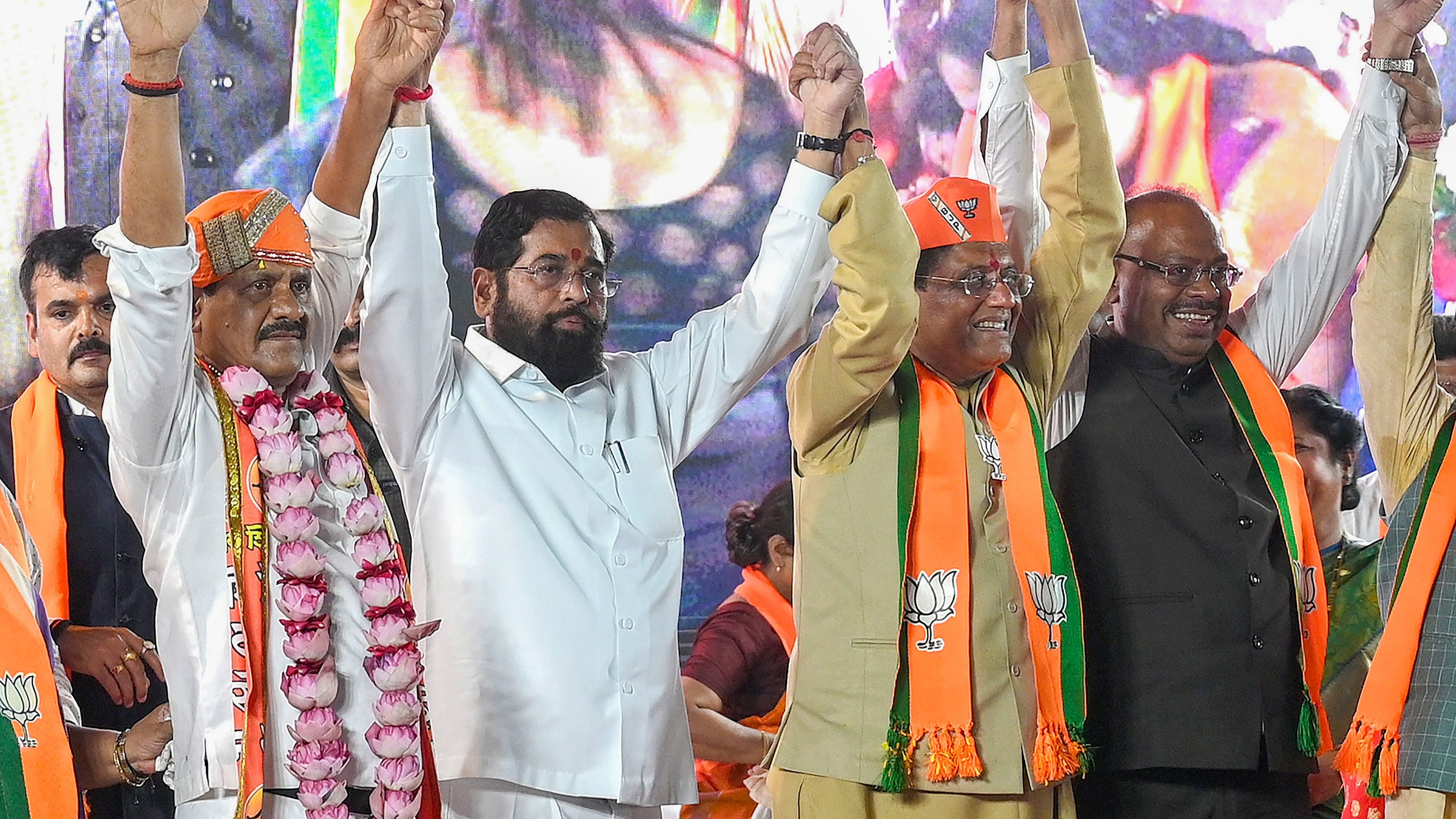 <div class="paragraphs"><p>Union Minister and BJP candidate Piyush Goyal with Maharashtra Chief Minister Eknath Shinde and State BJP President Chandrashekhar Bawankule during a rally for Lok Sabha elections, in Mumbai, Monday.</p></div>