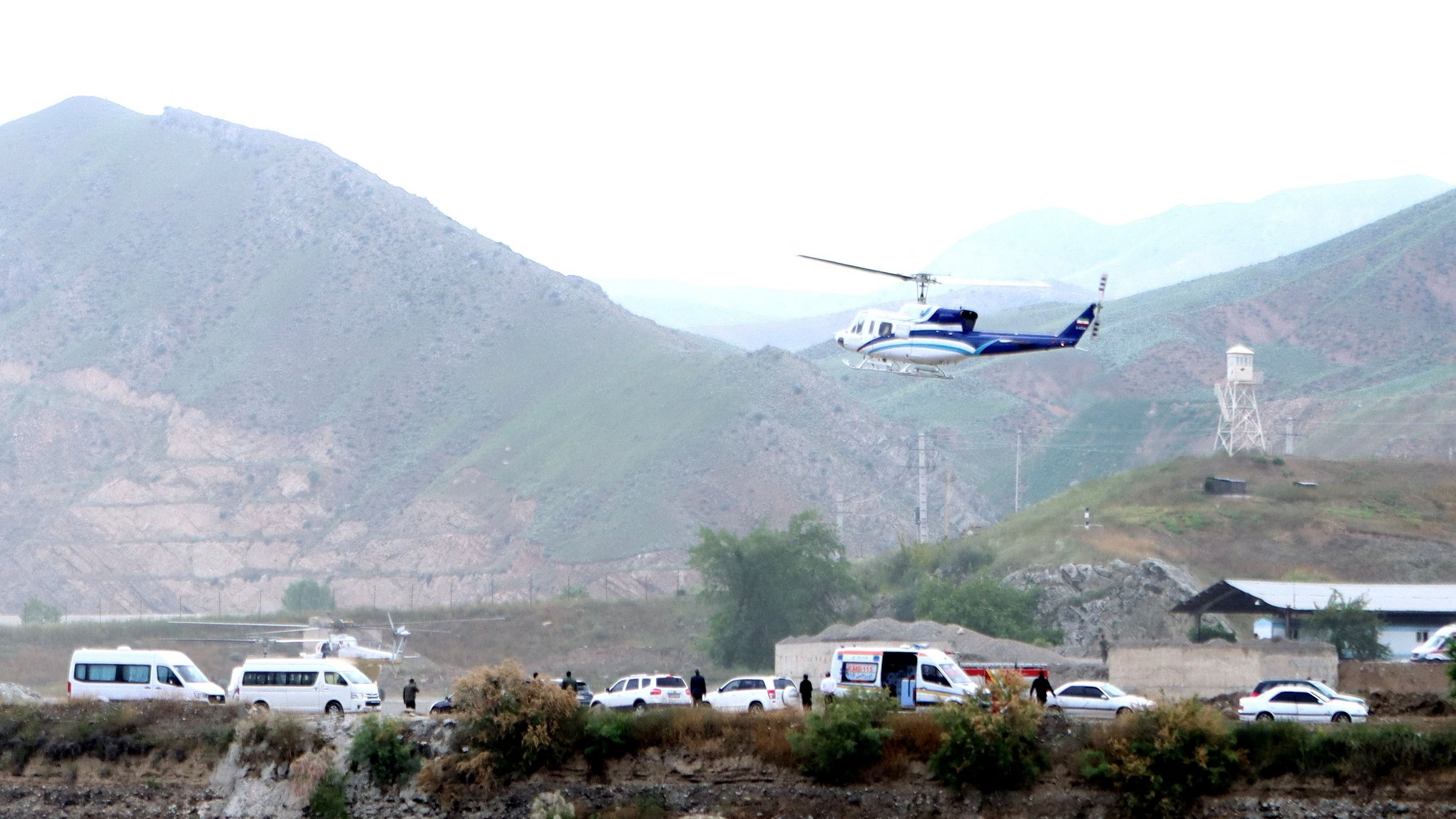 <div class="paragraphs"><p>A helicopter carrying Iran's President Ebrahim Raisi takes off, near the Iran-Azerbaijan border, May 19, 2024. The helicopter with Raisi on board later crashed. </p></div>