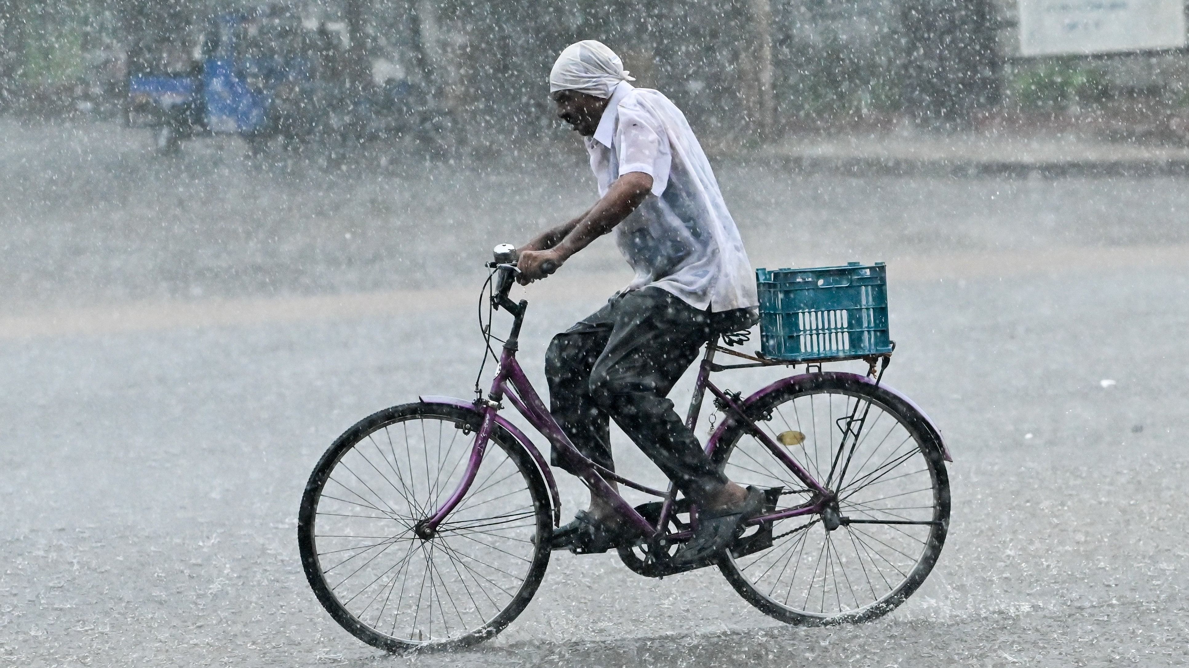 <div class="paragraphs"><p>A cyclist makes his way as it rains heavily in Mysuru on Monday. </p></div>