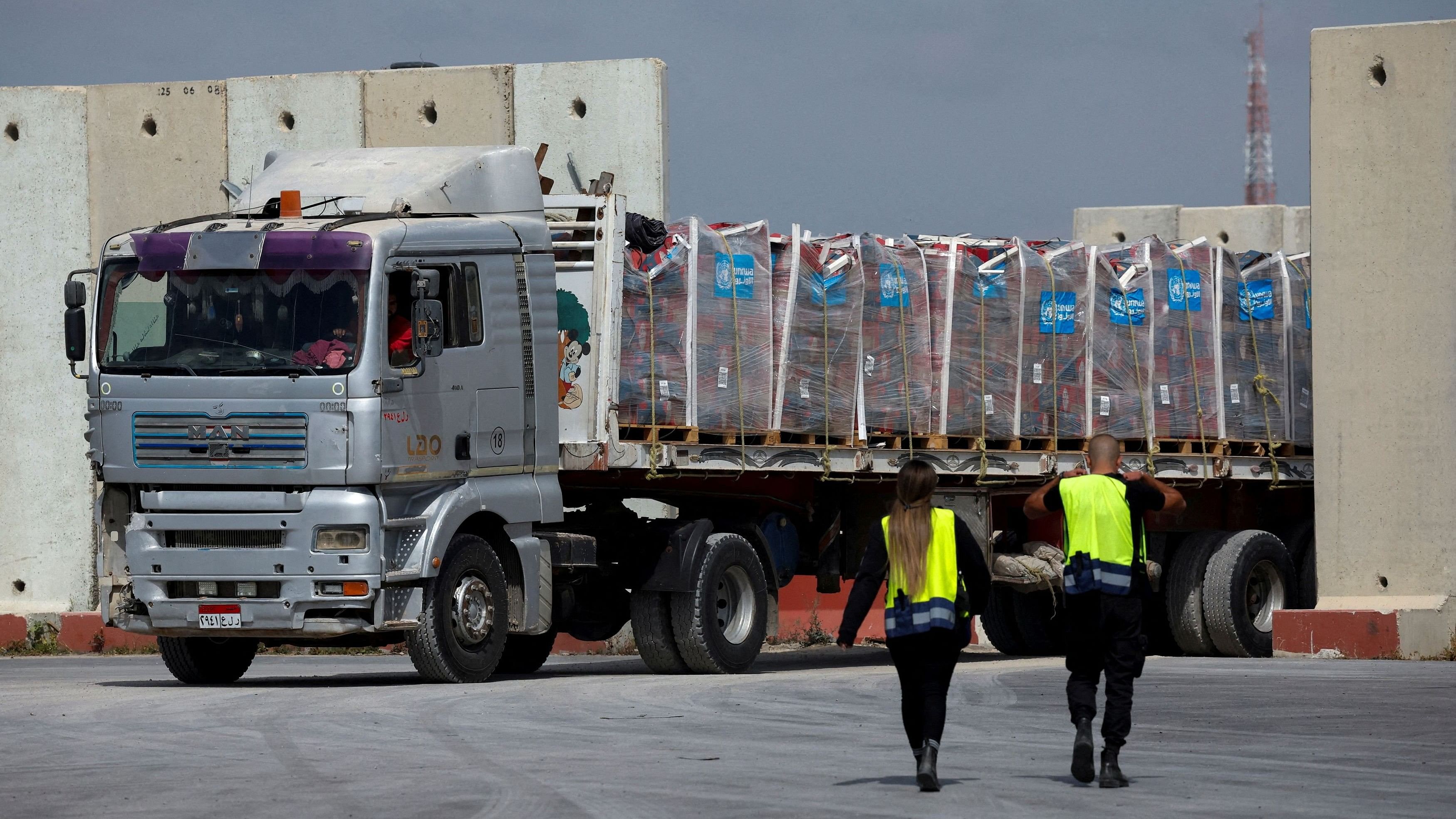 <div class="paragraphs"><p>A truck carrying humanitarian aid bound for the Gaza Strip drives at the inspection area at the Kerem Shalom crossing, amid the ongoing conflict between Israel and the Palestinian Islamist group Hamas, in southern Israel, March 14, 2024. </p></div>
