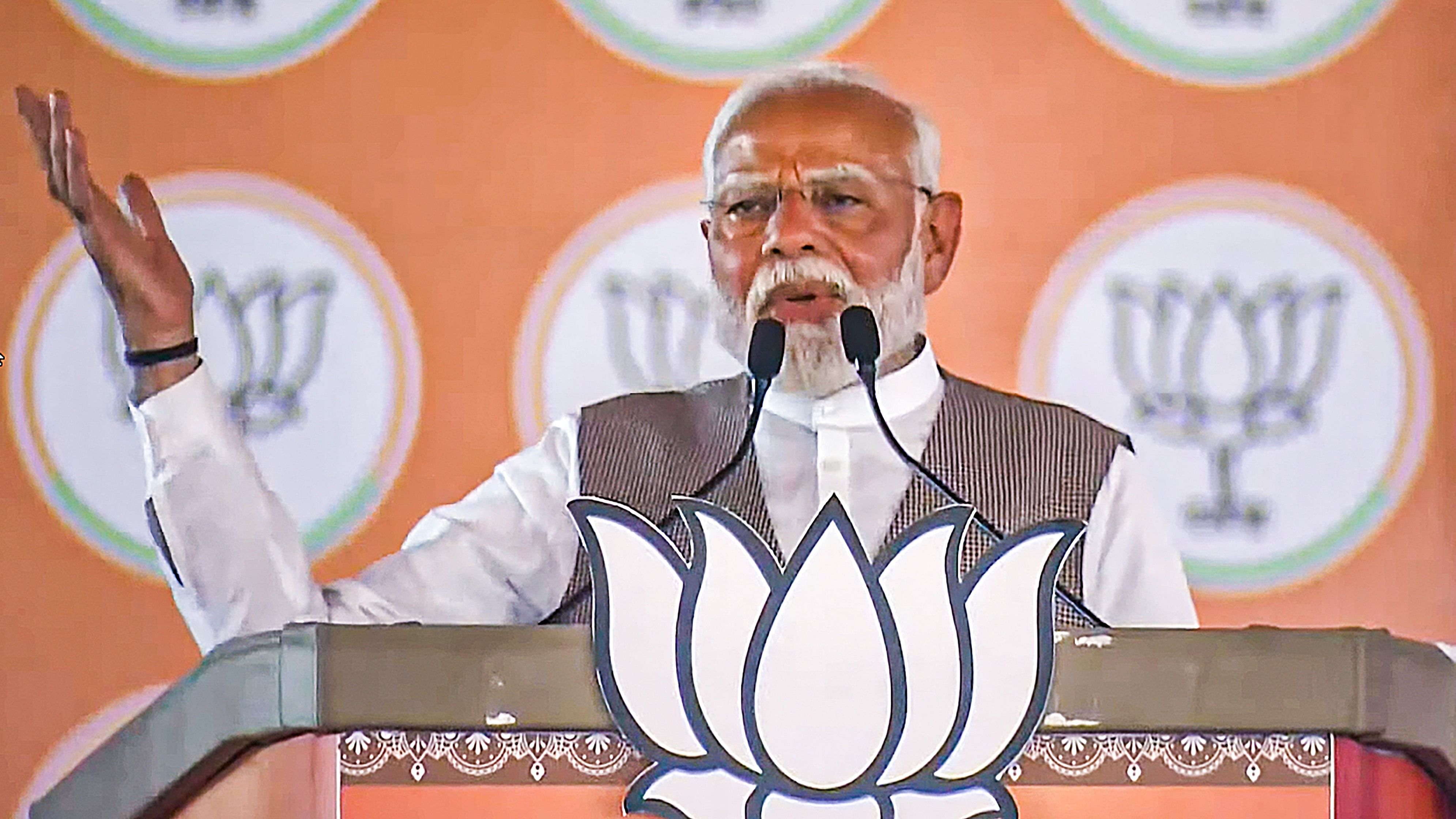 <div class="paragraphs"><p>Prime Minister Narendra Modi addresses during a public meeting for Lok Sabha polls, in Ambala, on Saturday.</p></div>