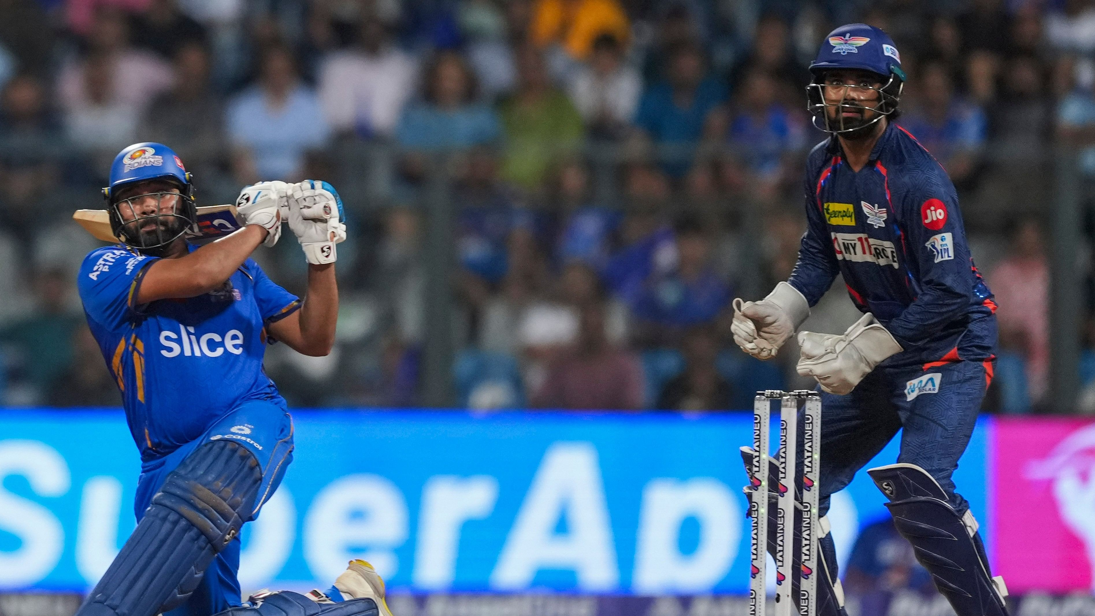 <div class="paragraphs"><p>Mumbai: Mumbai Indians batter Rohit Sharma plays a shot during the IPL 2024 cricket match between Lucknow Super Giants and Mumbai Indians, at Wankhede Stadium in Mumbai, Friday, May 17, 2024. </p></div>