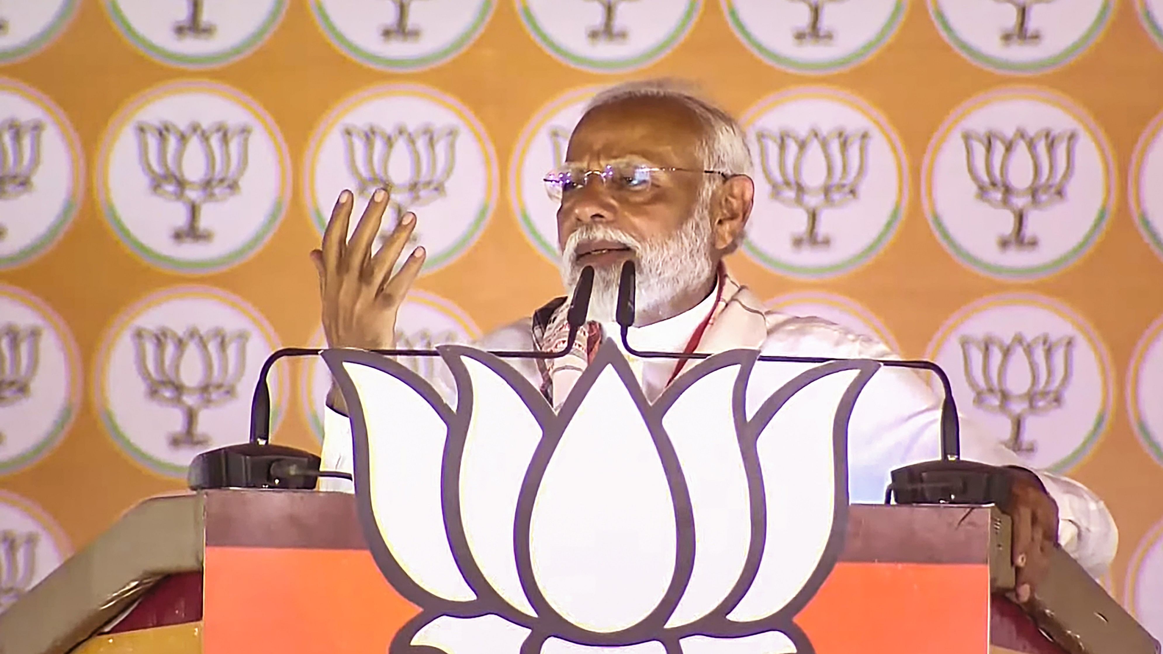 <div class="paragraphs"><p>Prime Minister Narendra Modi addresses a public meeting for Lok Sabha polls, in Ghazipur, UP, on Saturday.</p></div>