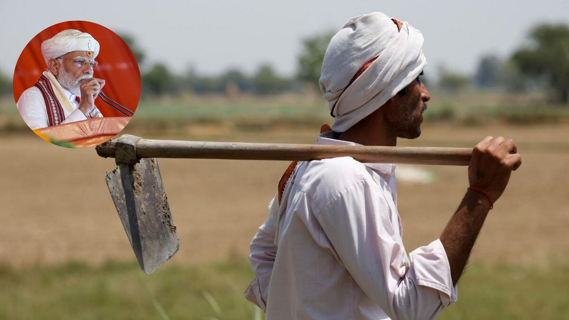 <div class="paragraphs"><p>Arun Kumar, a farmer, moves in his paddy field in Mathura (right) and PM Narendra Modi (left) are seen in this illustration</p></div>