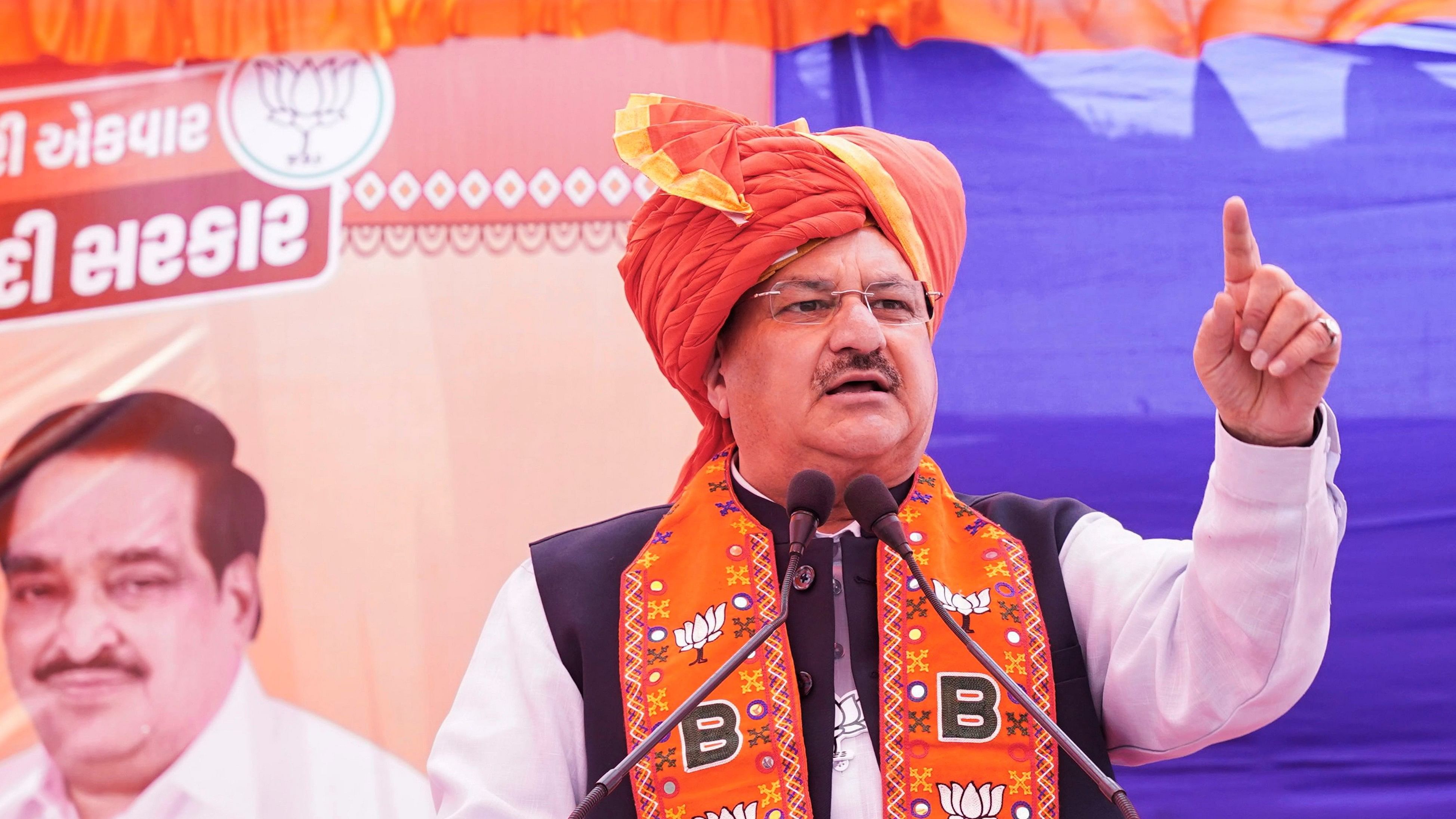 <div class="paragraphs"><p>BJP National President J P Nadda addresses a public meeting for Lok Sabha elections, in Dahod, Gujarat.</p></div>