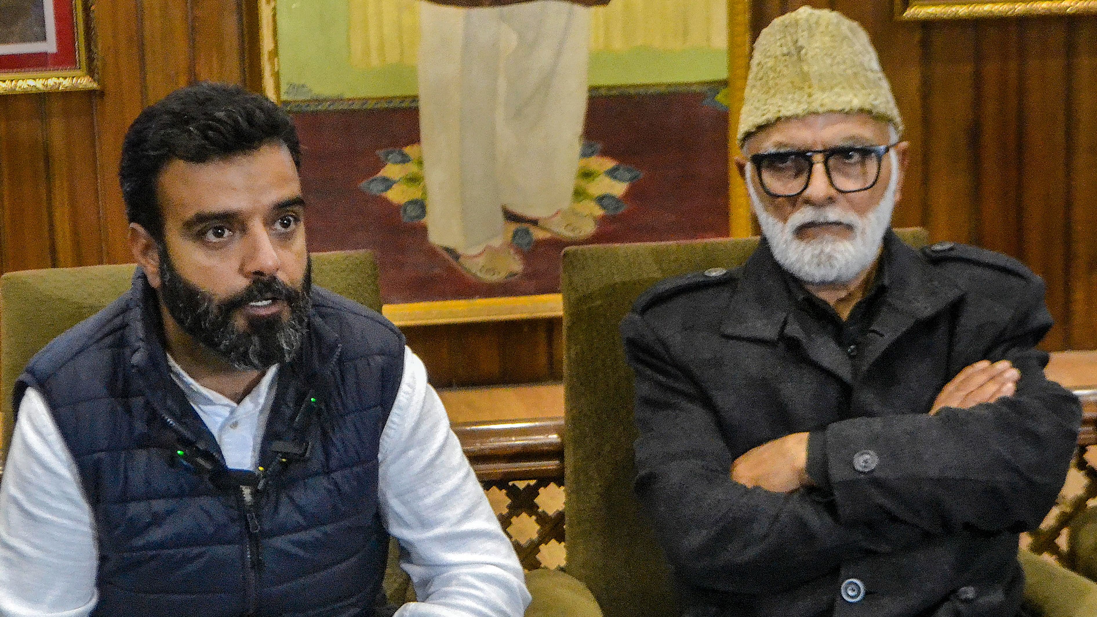<div class="paragraphs"><p> National Conference  leader and candidate from Srinagar constituency Aga Syed Ruhullah Mehdi with the party’s General Secretary Ali Muhammad Sagar during a press conference at the party headquarters, in Srinagar, Sunday.</p></div>