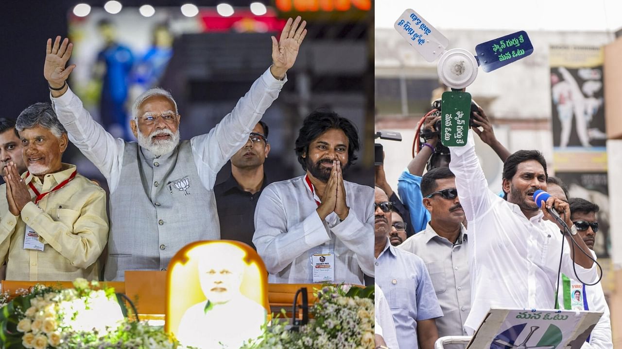 <div class="paragraphs"><p>L: Prime Minister Narendra Modi with Jana Sena chief Pawan Kalyan and Telugu Desam Party (TDP) chief N Chandrababu Naidu during an election roadshow  in Vijayawada;&nbsp;Andhra CM and YSRCP chief  Jagan Mohan Reddy campaigning in Repalle, Bapatla district.</p></div>