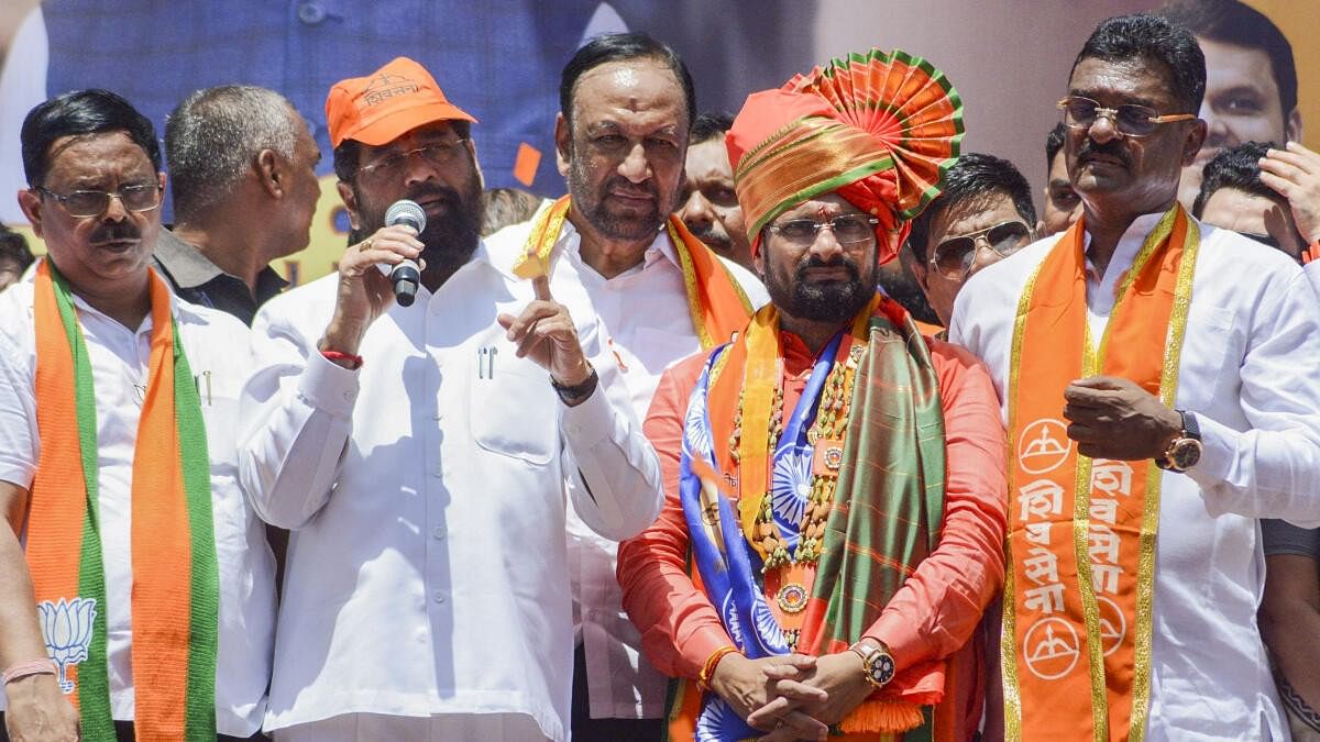 <div class="paragraphs"><p>Maharashtra Chief Minister Eknath Shinde addressing supporters during a nomination rally of Shiv Sena (Shinde faction) candidate from Thane constituency Naresh Mhaske for the Lok Sabha elections, in Thane.</p></div>