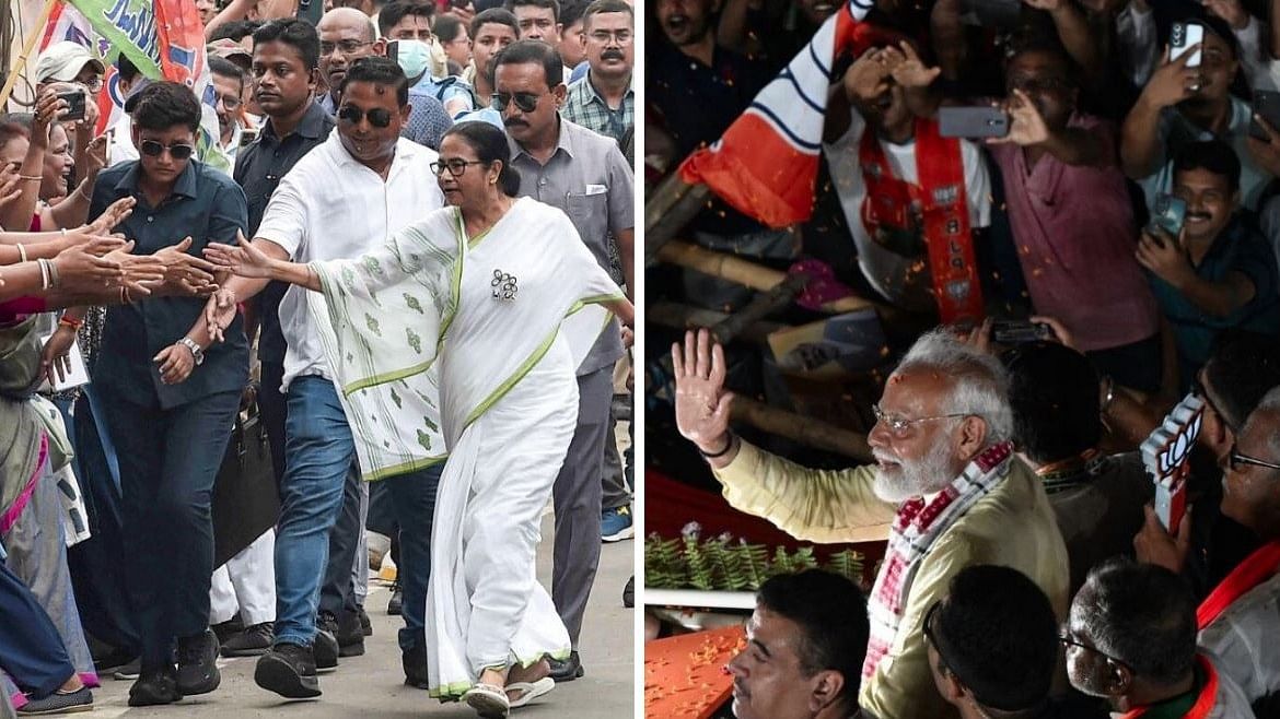 <div class="paragraphs"><p>Chief Minister Mamata Banerjee and PM Modi during separate road shows in Kolkata on May 28.&nbsp;</p></div>