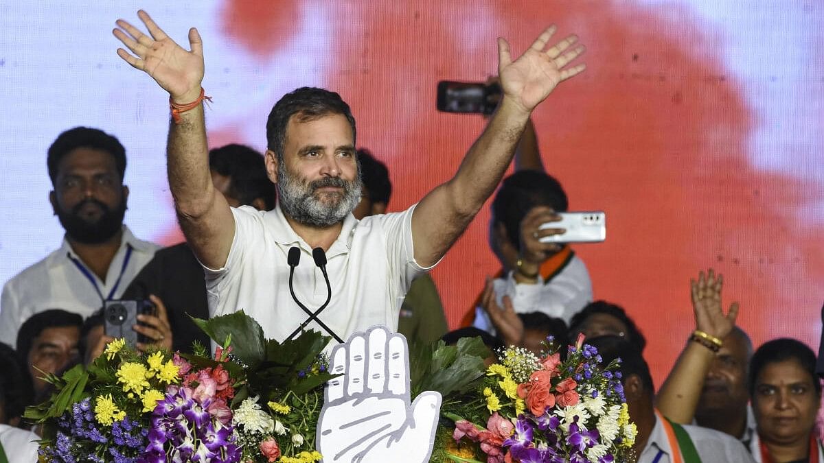 <div class="paragraphs"><p>Congress leader Rahul Gandhi greets supporters during an election rally for the Lok Sabha elections, in Hyderabad</p></div>