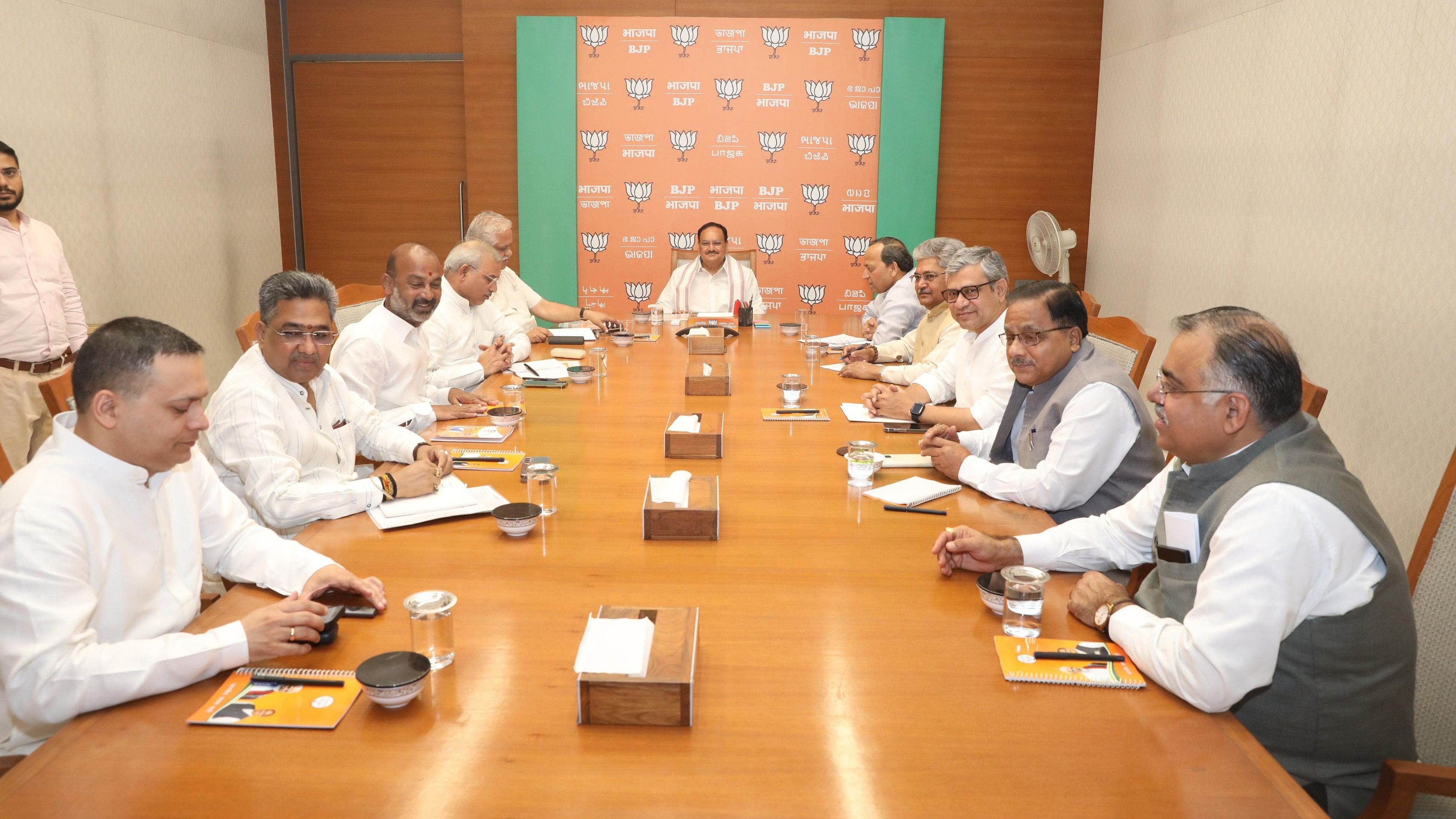 <div class="paragraphs"><p>Senior BJP leaders in a meeting headed by party president J P Nadda in Delhi on Monday, May 20, 2024.</p></div>