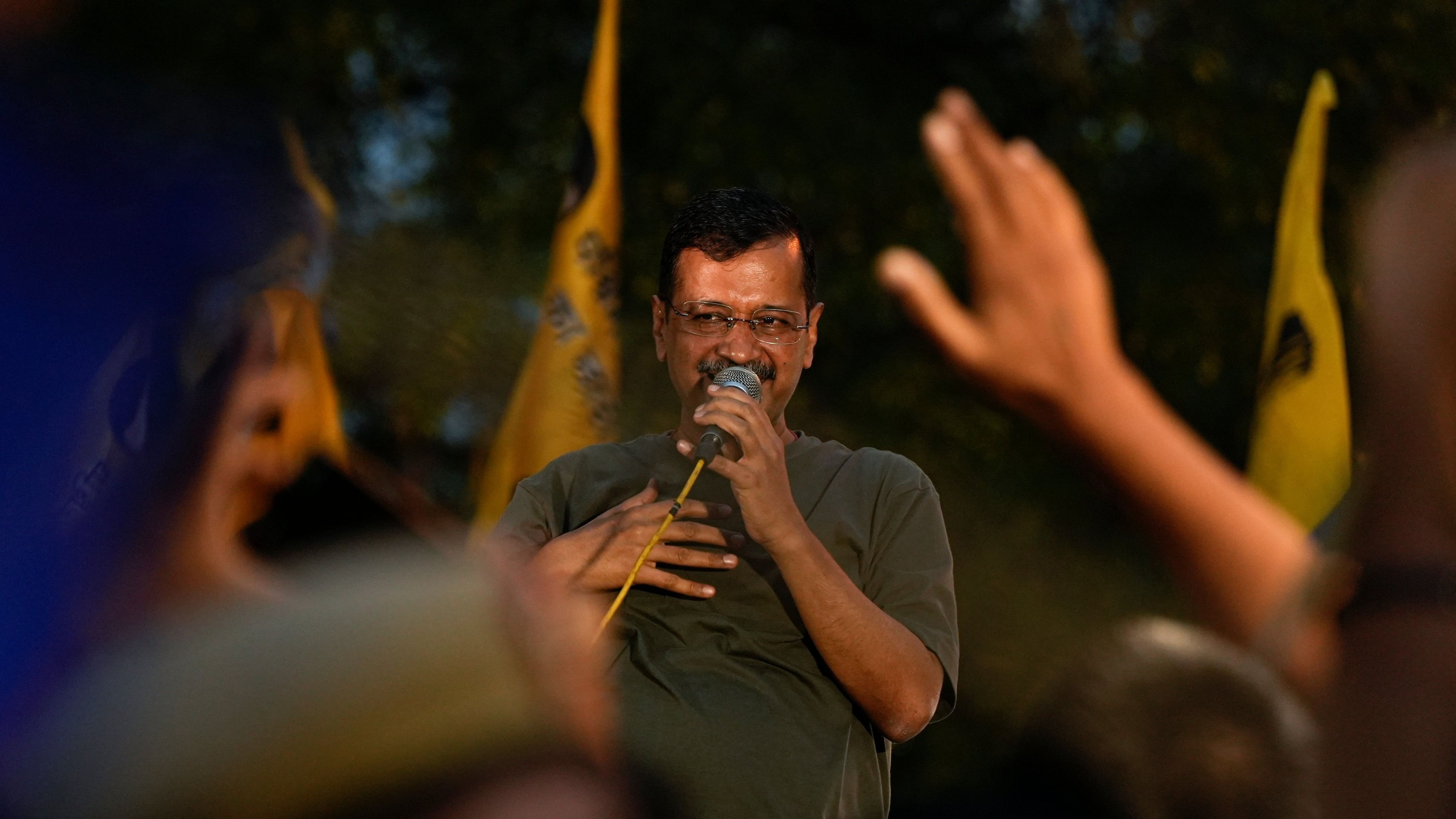 <div class="paragraphs"><p>Delhi Chief Minister Arvind Kejriwal addresses supporters outside Tihar Jail after the Supreme Court (SC) granted him interim bail in a money laundering case.&nbsp;</p></div>