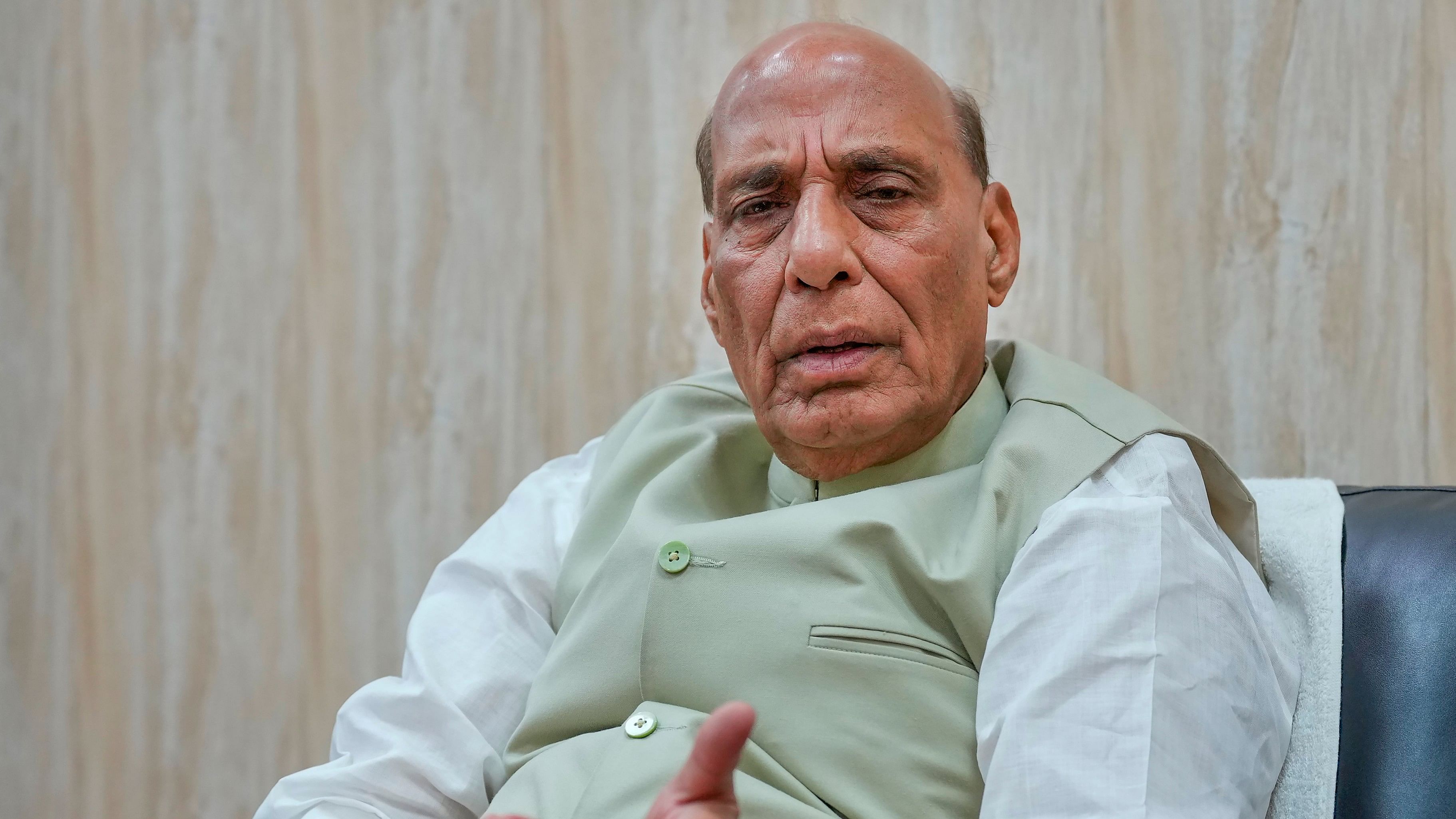 <div class="paragraphs"><p>Union Defence Minister Rajnath Singh during an interview, in New Delhi.</p></div>