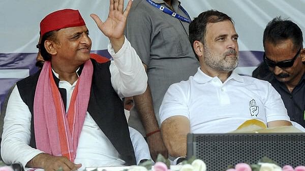 <div class="paragraphs"><p>Congress leader Rahul Gandhi and Samajwadi Party Chief Akhilesh Yadav during a public meeting for Lok Sabha elections, in Bansgaon, Uttar Pradesh, Tuesday, May 28, 2024.</p></div>