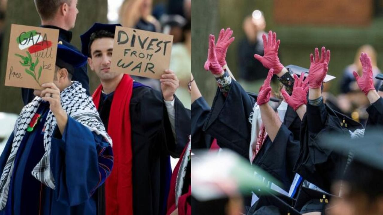 <div class="paragraphs"><p>Graduates protest the conflict between Israel and the Palestinian Islamist group Hamas, during the commencement at Yale University.</p></div>