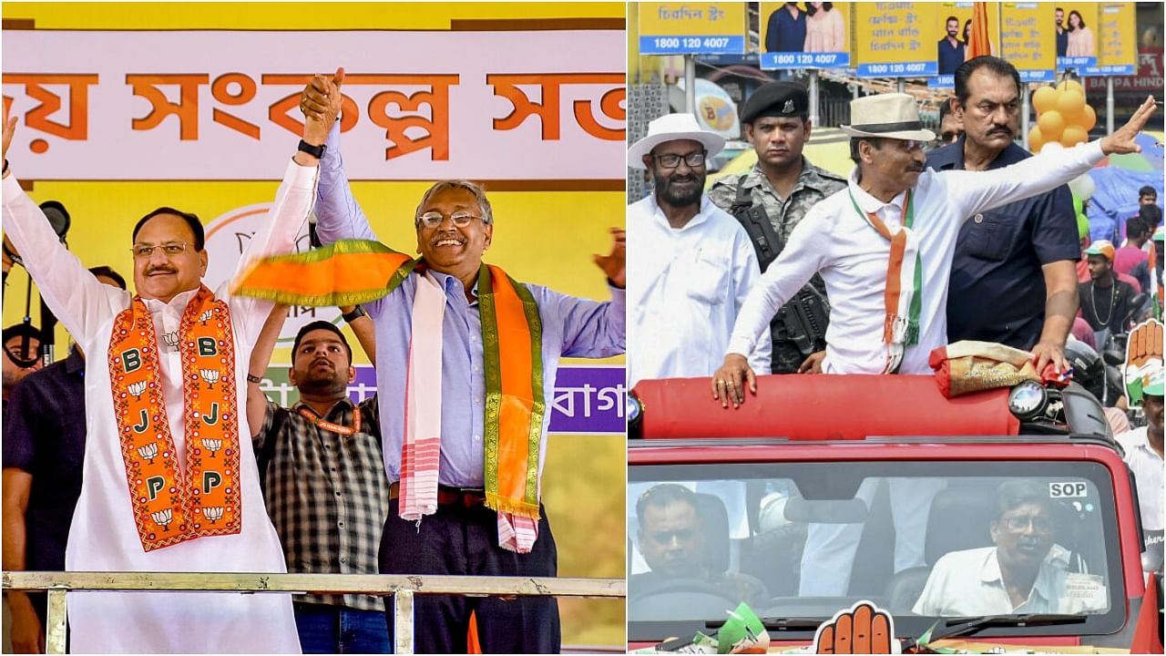 <div class="paragraphs"><p>BJP's J P Nadda with party candidate&nbsp;Nirmal Kumar Saha(L) and Congress candidate from Baharampur constituency Adhir Ranjan Chowdhury.</p></div>