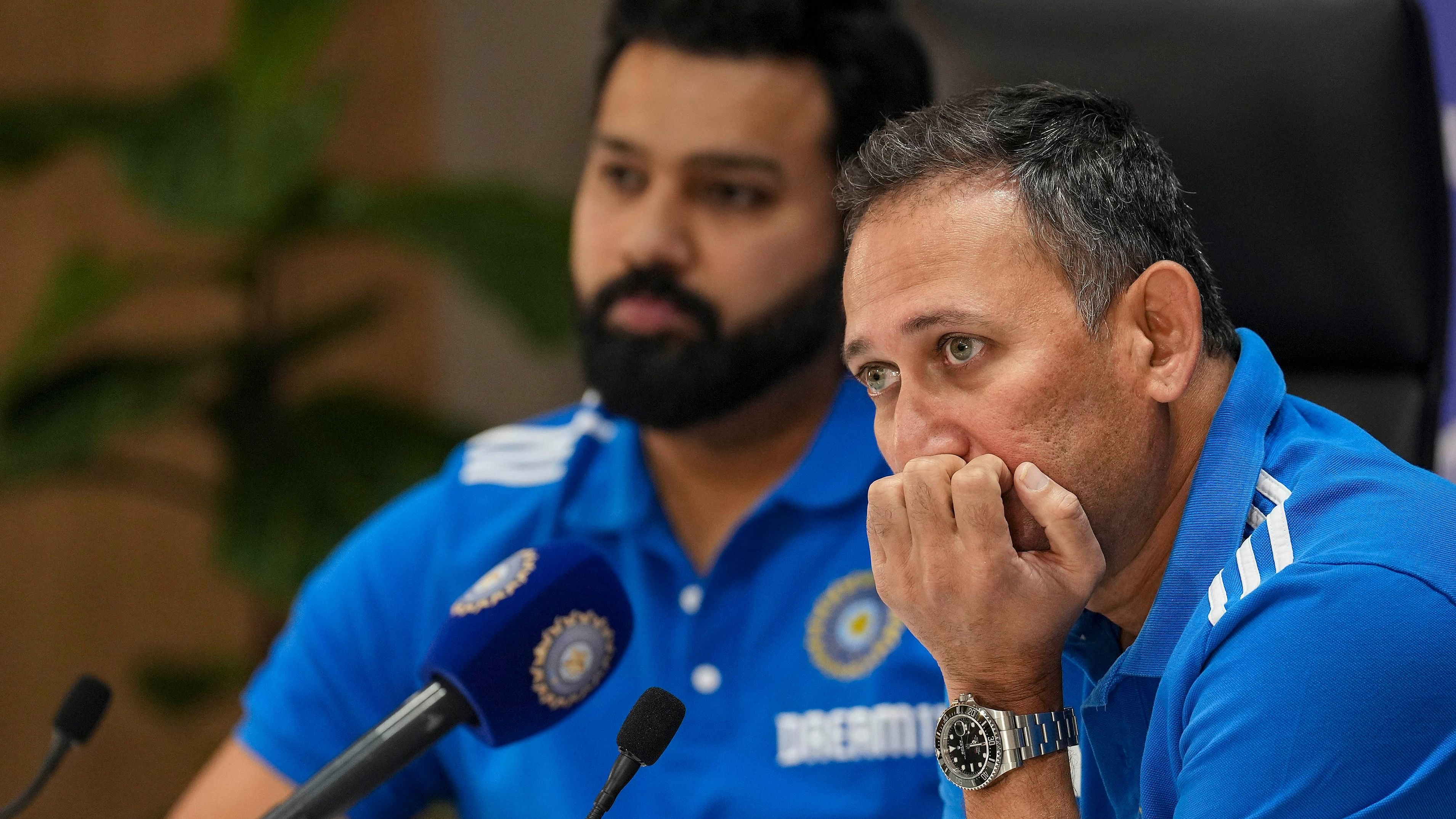 <div class="paragraphs"><p>Indian cricket captain Rohit Sharma (left) and BCCI Chief selector Ajit Agarkar addressing a press conference in Mumbai.</p></div>