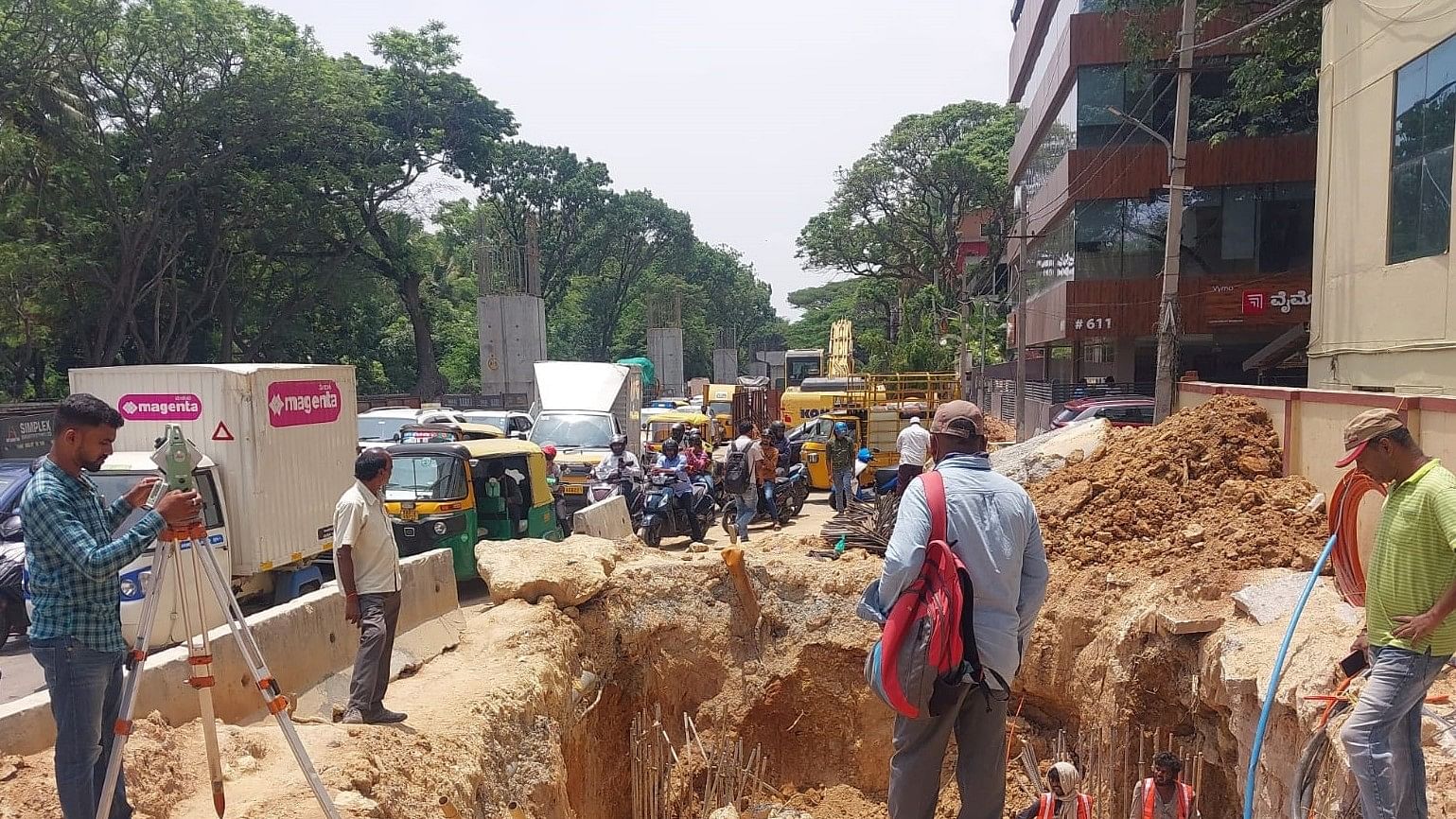 <div class="paragraphs"><p>Construction work of the Ejipura flyover near Koramangala. &nbsp;</p></div>