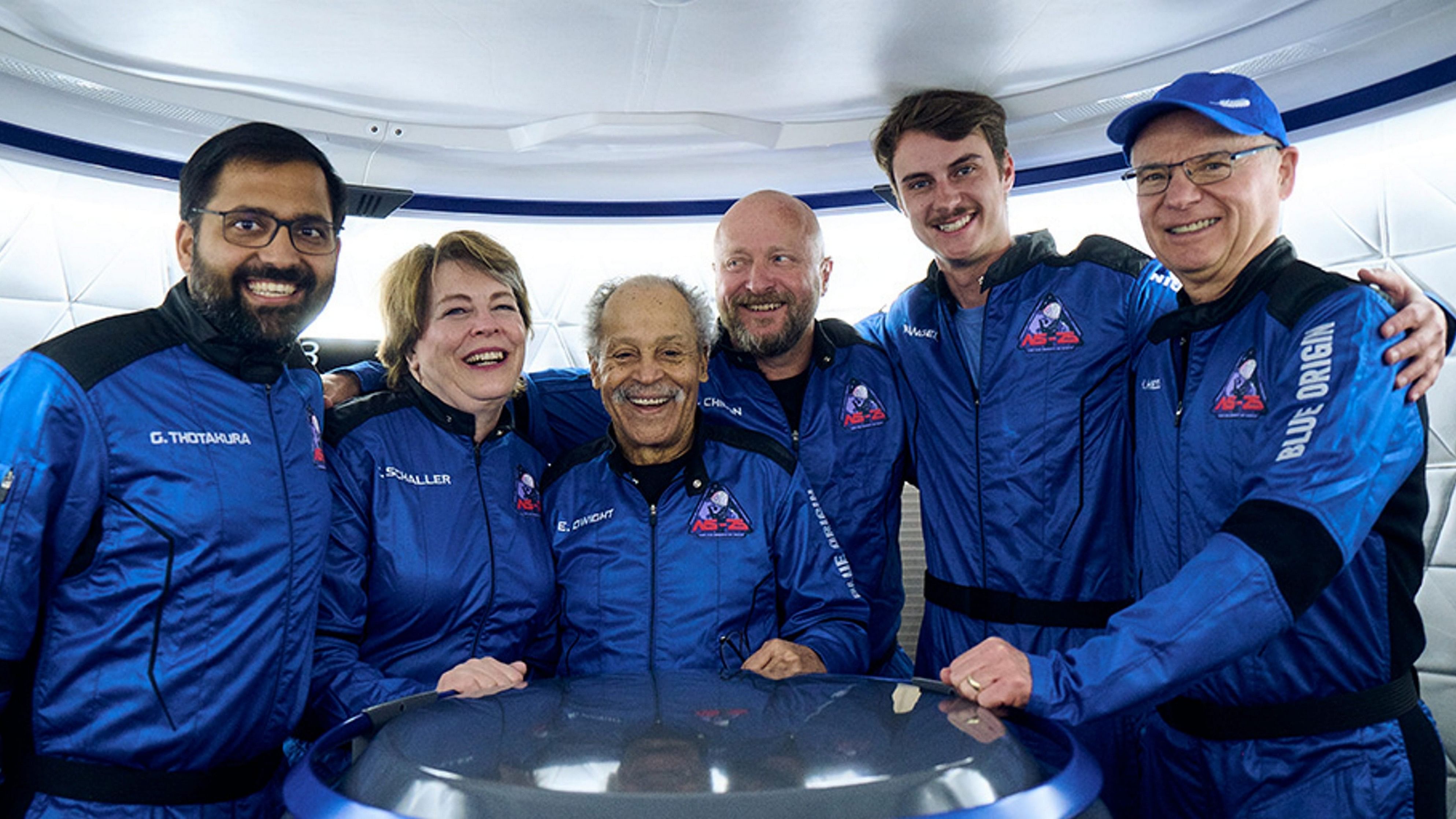 <div class="paragraphs"><p>Indian entrepreneur and pilot Gopi Thotakura with crew members of Blue Origin's private astronaut launch NS-25 mission, in Texas.  </p></div>