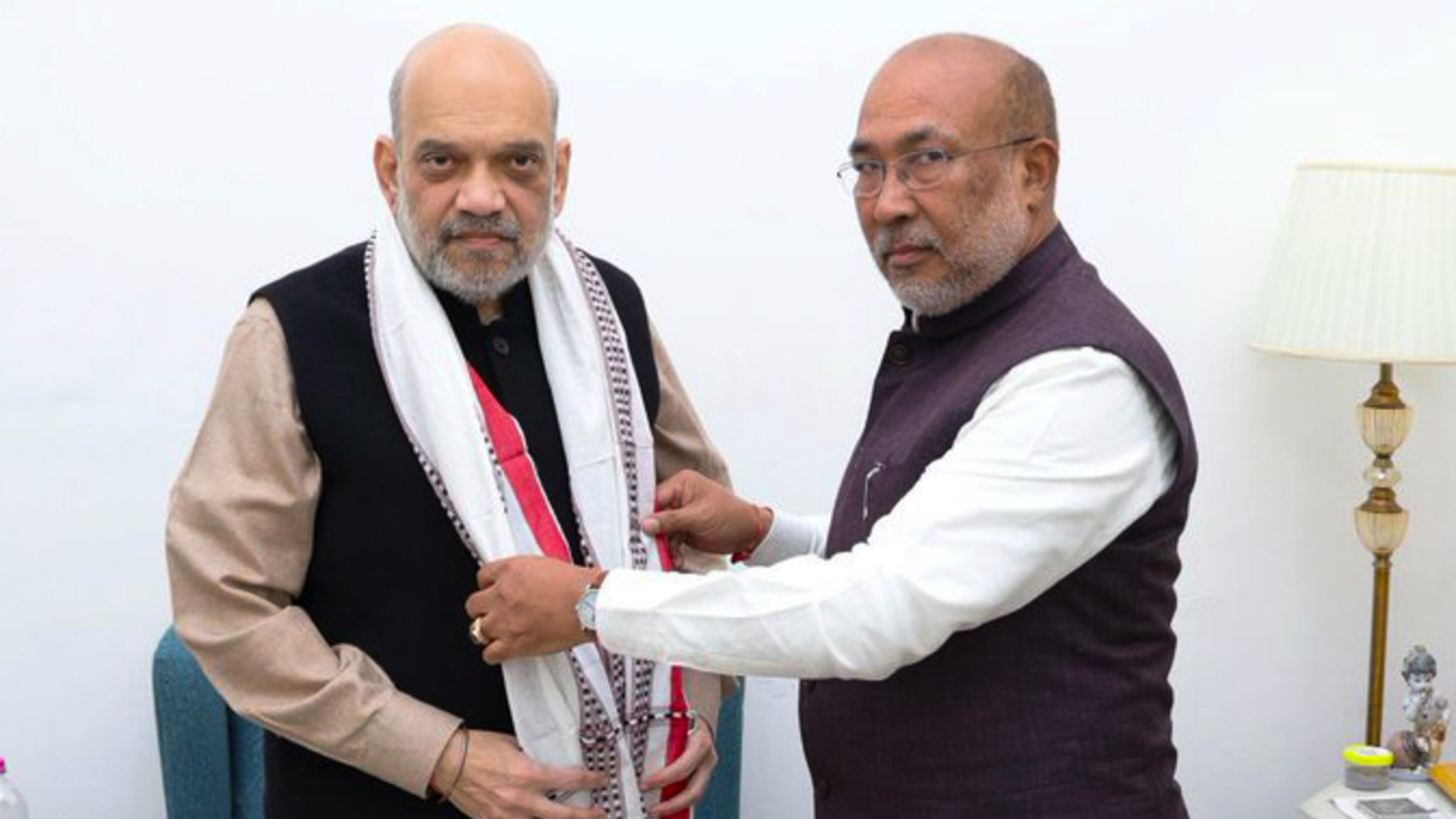 <div class="paragraphs"><p>Union Home Minister Amit Shah with Manipur Chief Minister N. Biren Singh.</p></div>