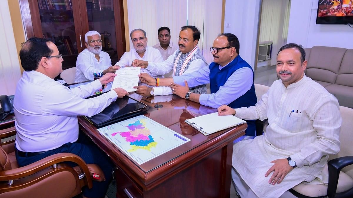 <div class="paragraphs"><p>A BJP delegation comprising Deputy Chief Ministers of Uttar Pradesh Keshav Prasad Maurya and Brajesh Pathak, BJP state Chief Bhupendra Singh Chaudhary during a meeting with state Chief Electoral Officer Navdeep Rinwa, in Lucknow, Monday, June 3, 2024. </p></div>