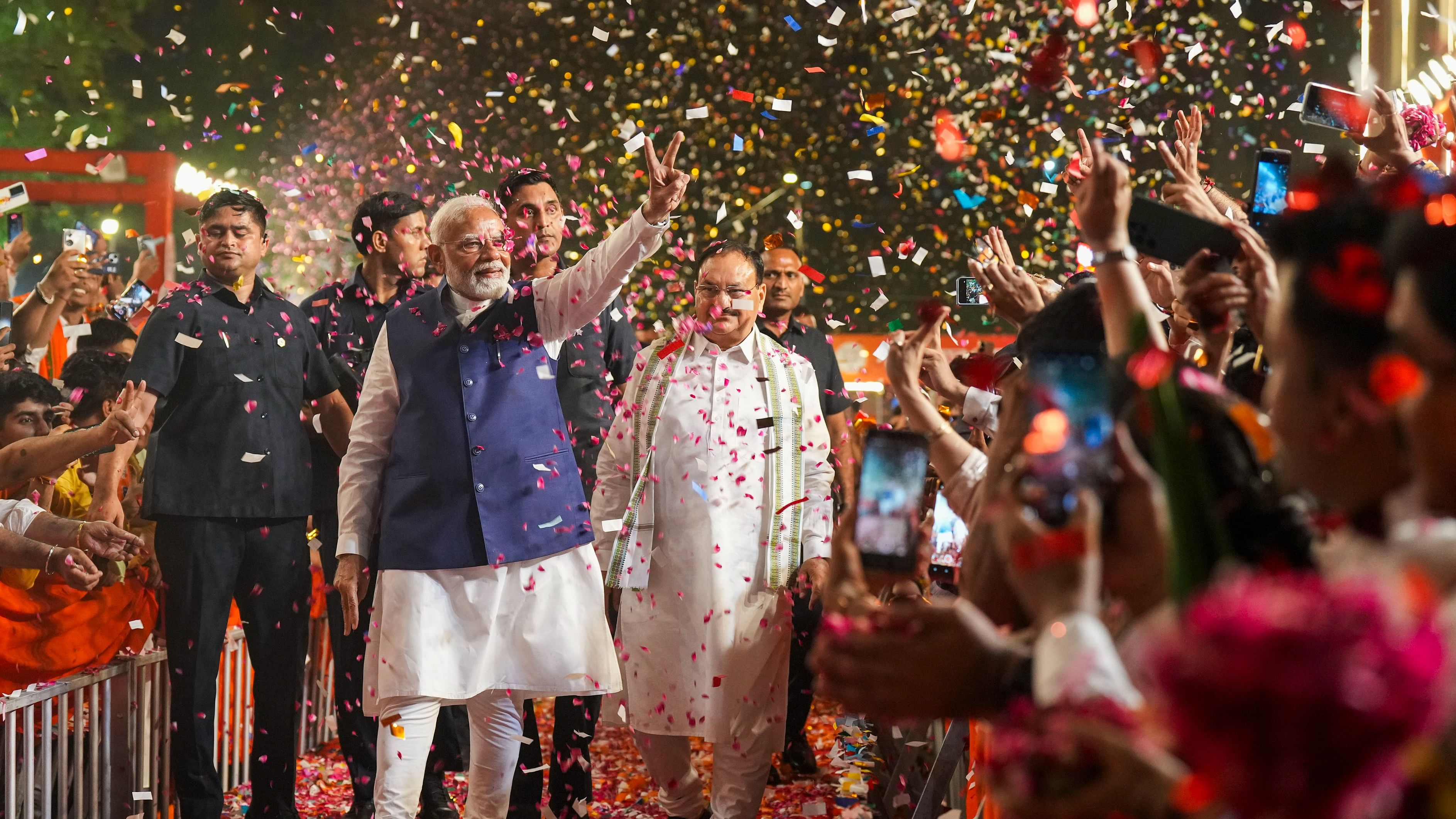 <div class="paragraphs"><p>Prime Minister Narendra Modi arriving at the BJP HQ in Delhi for his post-poll speech, June 4, 2024.</p></div>