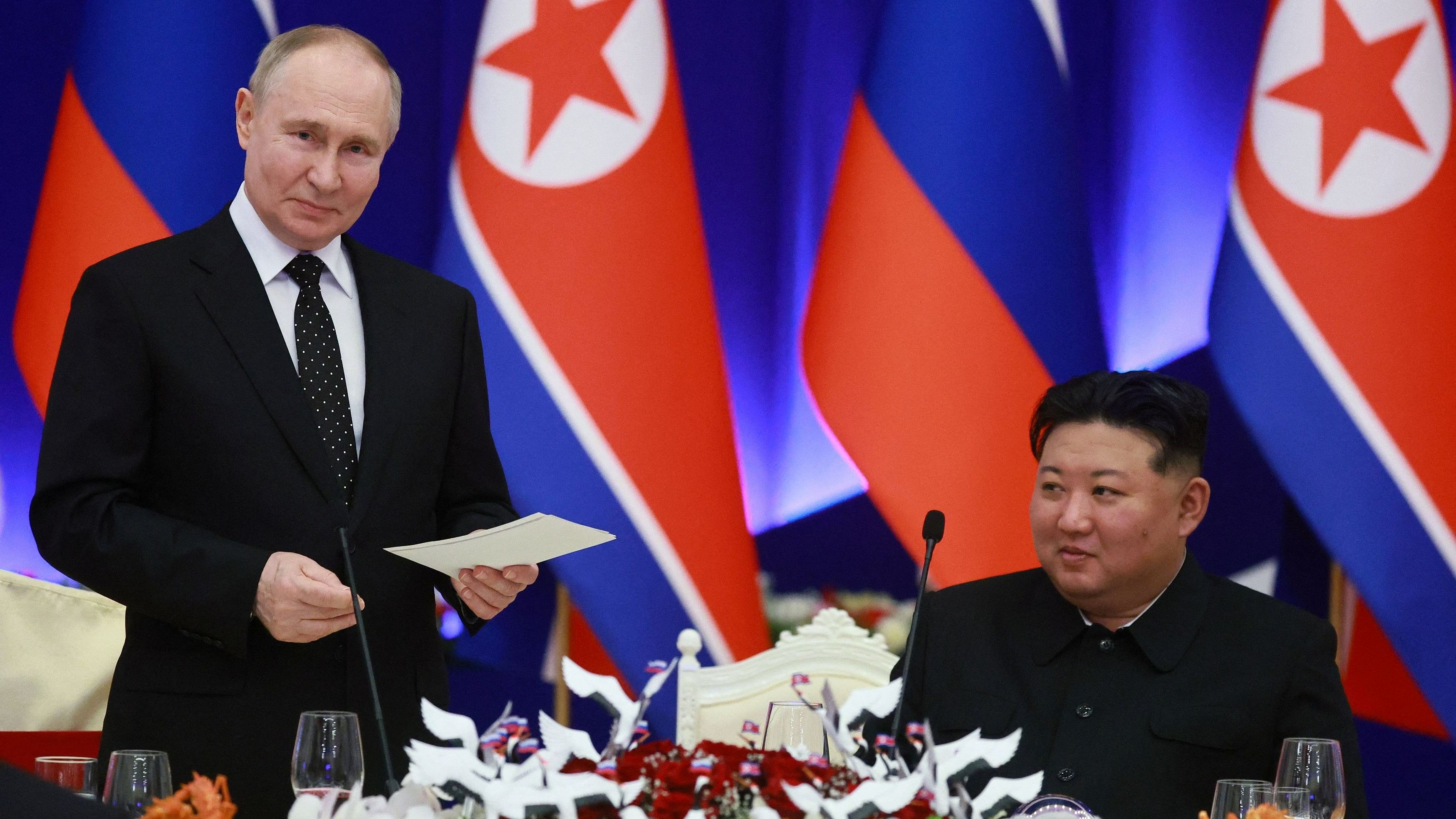 <div class="paragraphs"><p>Russian President Vladimir Putin and North Korean Supreme Leader Kim Jong Un during their recent meet.&nbsp;</p></div>