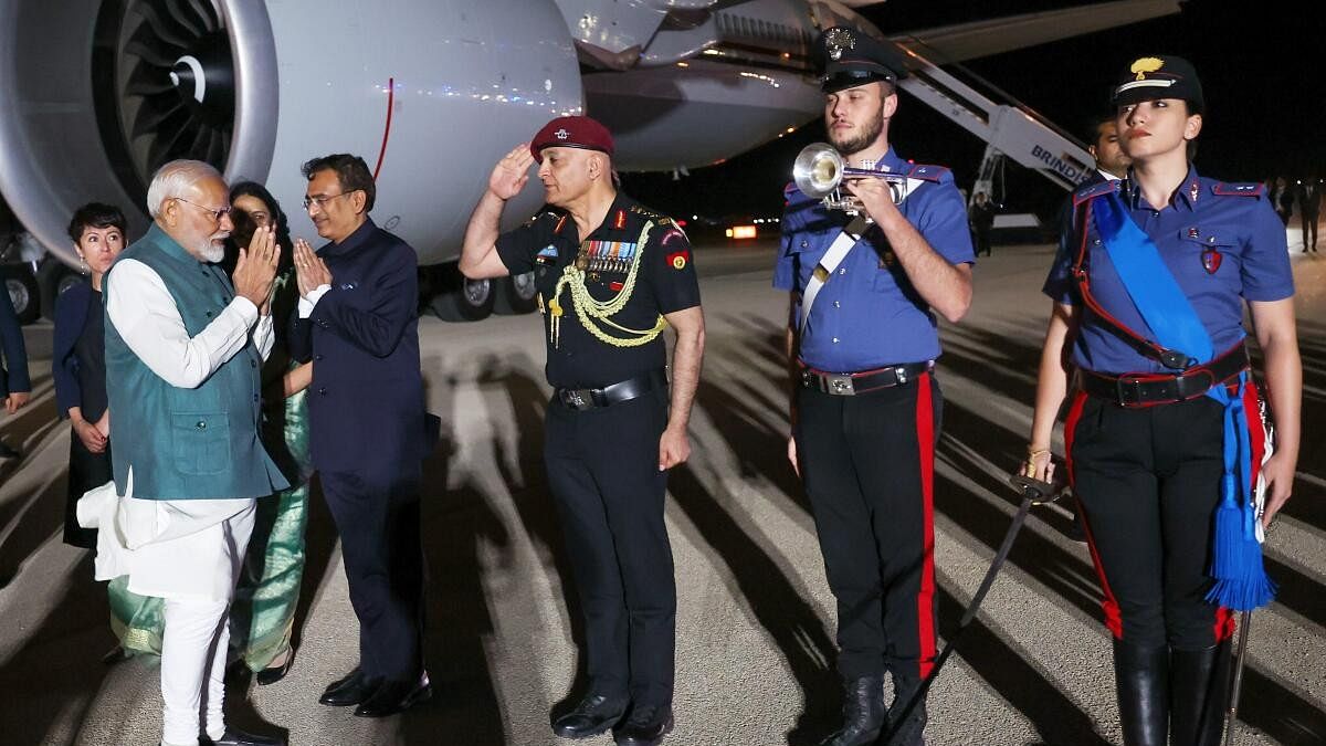 <div class="paragraphs"><p>Prime Minister Narendra Modi being welcomed upon his arrival at Brindisi airport in Apulia to attend the Outreach session of the G7 Summit and hold bilateral talks with world leaders, on Friday.</p></div>