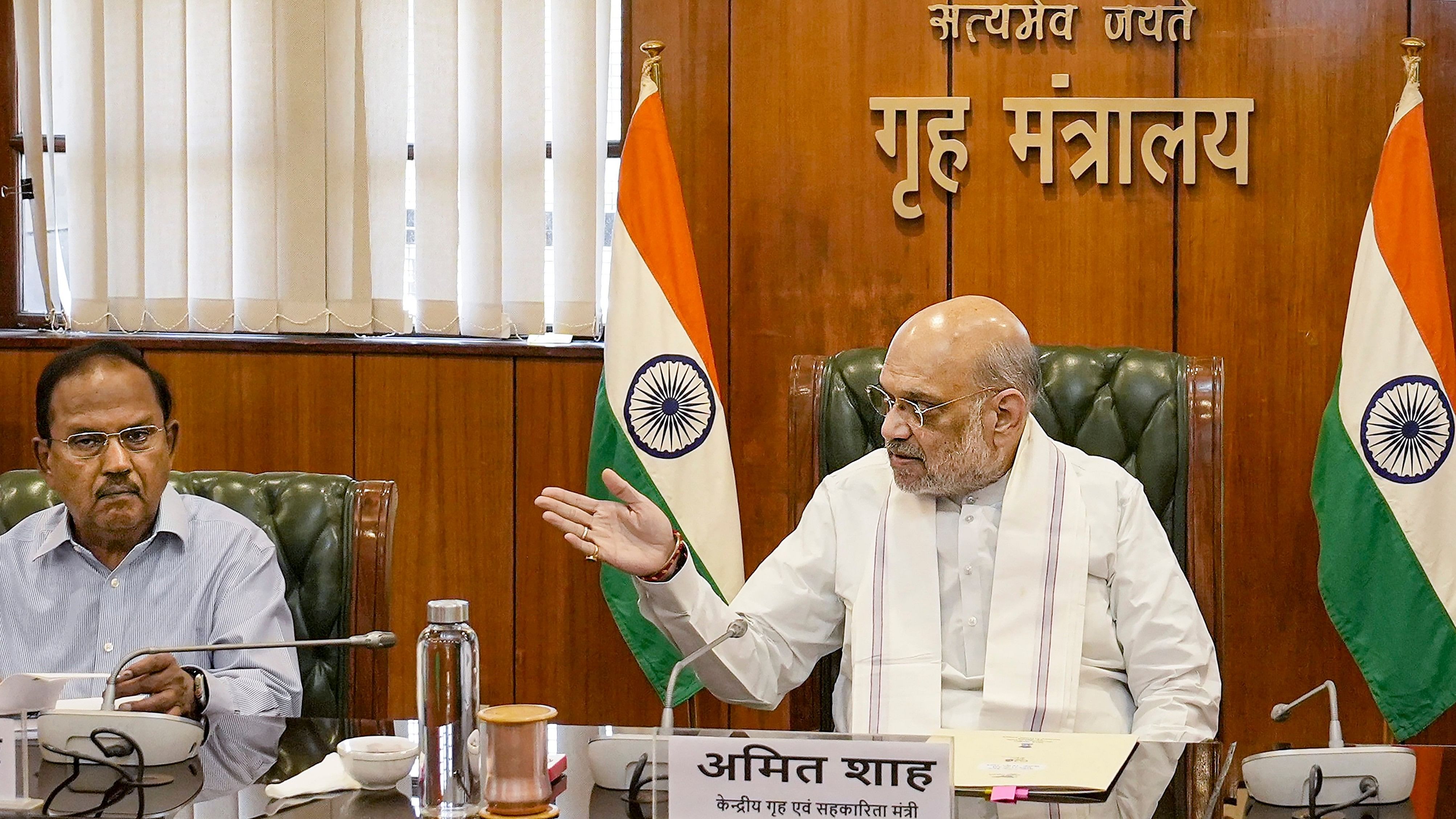 <div class="paragraphs"><p>Union Home Minister Amit Shah chairs a high level meeting to review security situation in Jammu and Kashmir and preparedness for Amarnath Yatra, in New Delhi, Sunday, June 16, 2024. NSA Ajit Doval is also seen. </p></div>