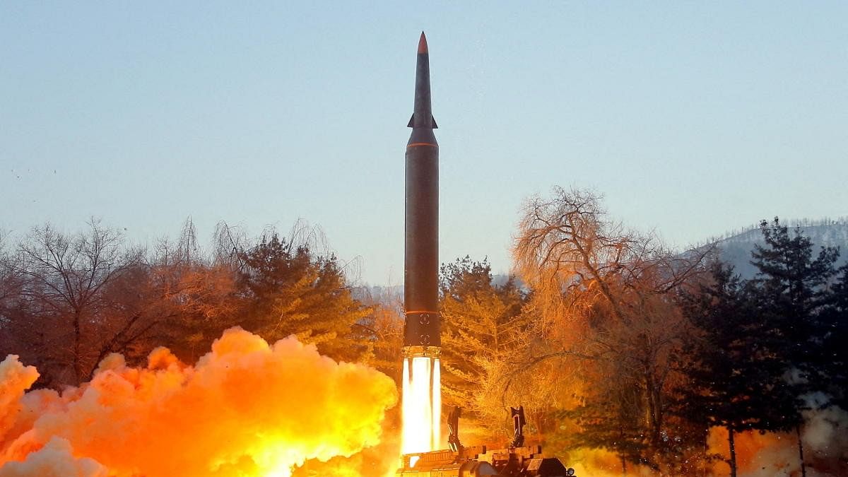 <div class="paragraphs"><p>A view of what state news agency KCNA reports is the test firing of a hypersonic missile at an undisclosed location in North Korea.</p></div>