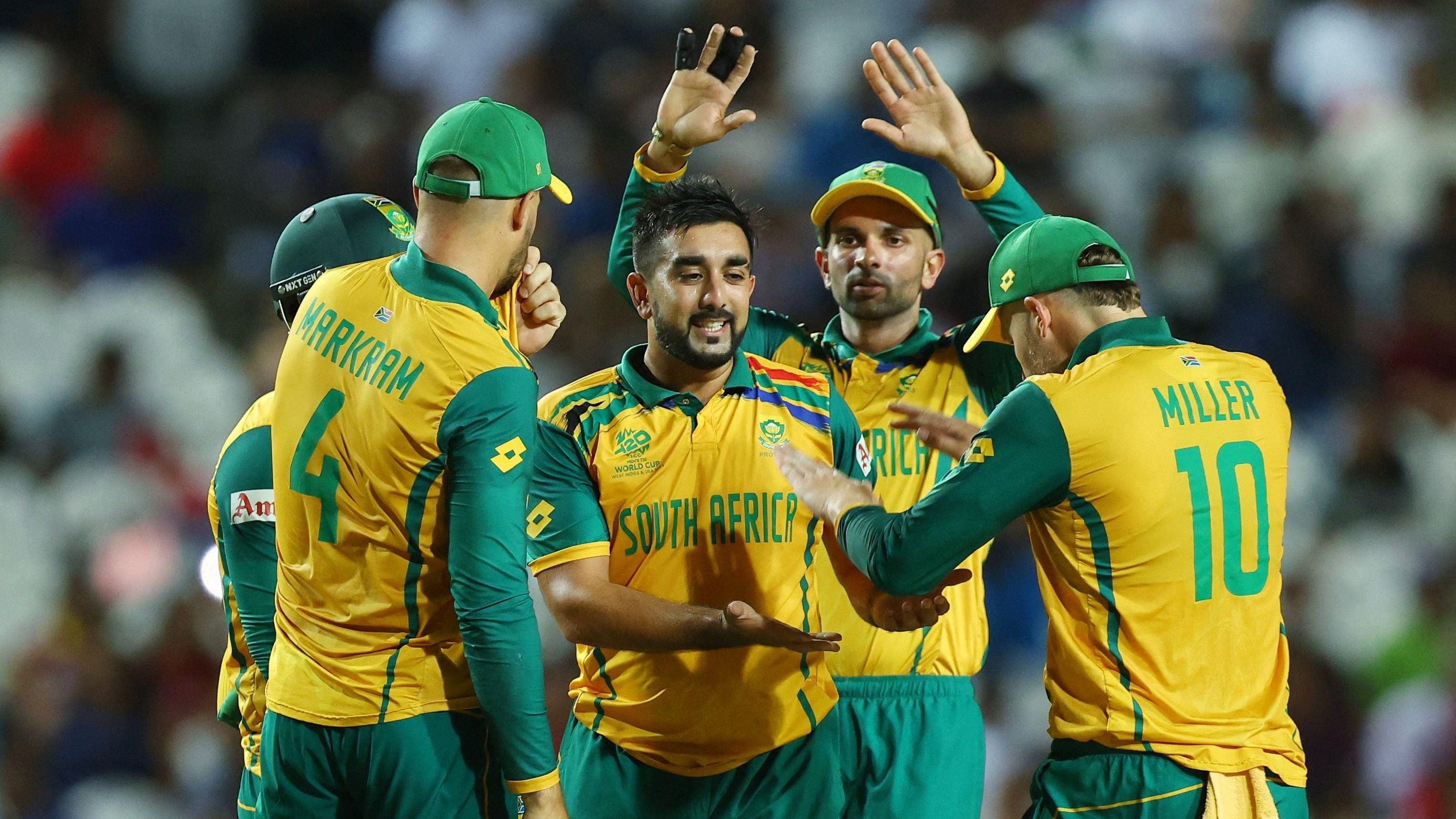 <div class="paragraphs"><p>T20 World Cup  Semi Final,&nbsp;June 26, 2024: South Africa's Tabraiz Shamsi celebrates with teammates after taking the wicket of Afghanistan's Noor Ahmad at the&nbsp;Brian Lara Stadium, Tarouba, Trinidad and Tobago.</p></div>