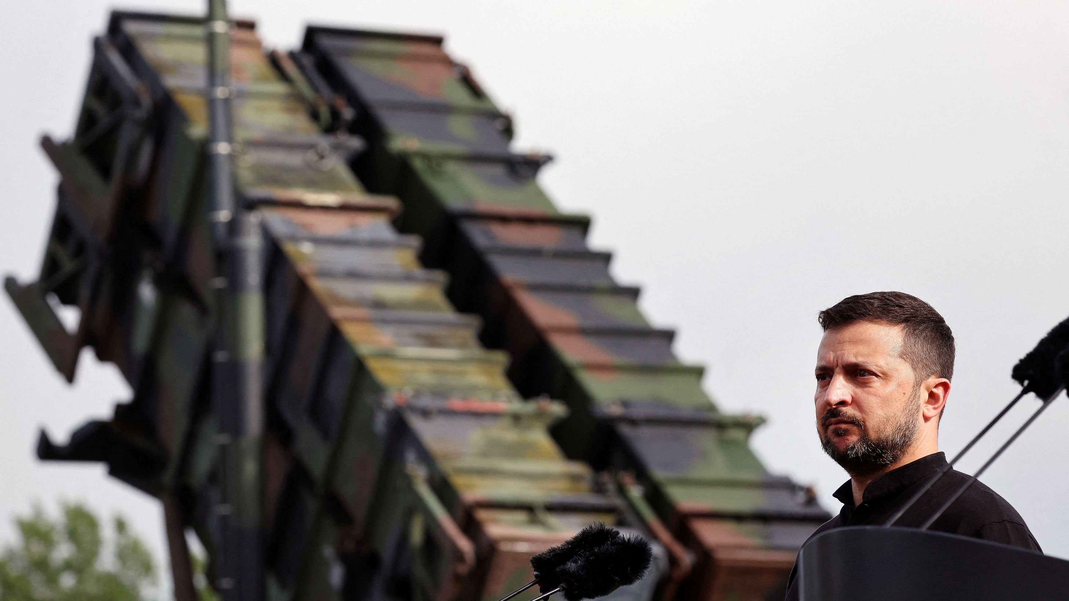 <div class="paragraphs"><p>Ukrainian President Volodymyr Zelenskyy looks on during a visit to a military training area to find out about the training of Ukrainian soldiers on the “Patriot” anti-aircraft missile system, at an undisclosed location, in Germany, June 11, 2024.   </p></div>