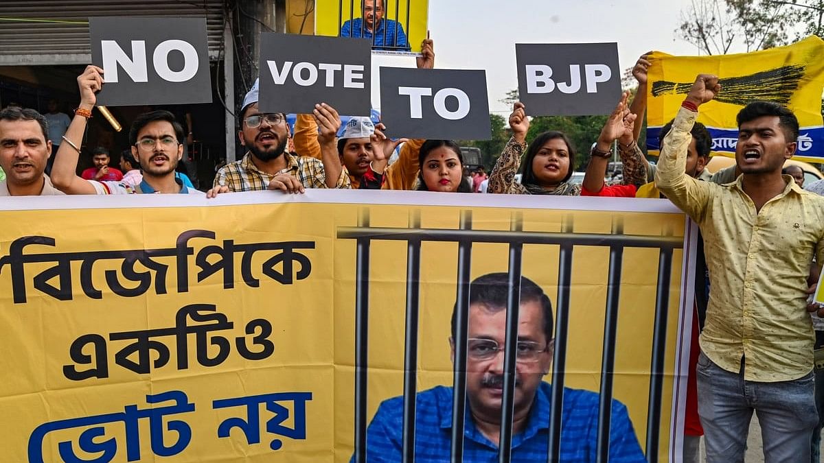 <div class="paragraphs"><p>Aam Aadmi Party (AAP) workers hold placards during a 'No Vote to BJP' election campaign for the Lok Sabha polls.</p></div>