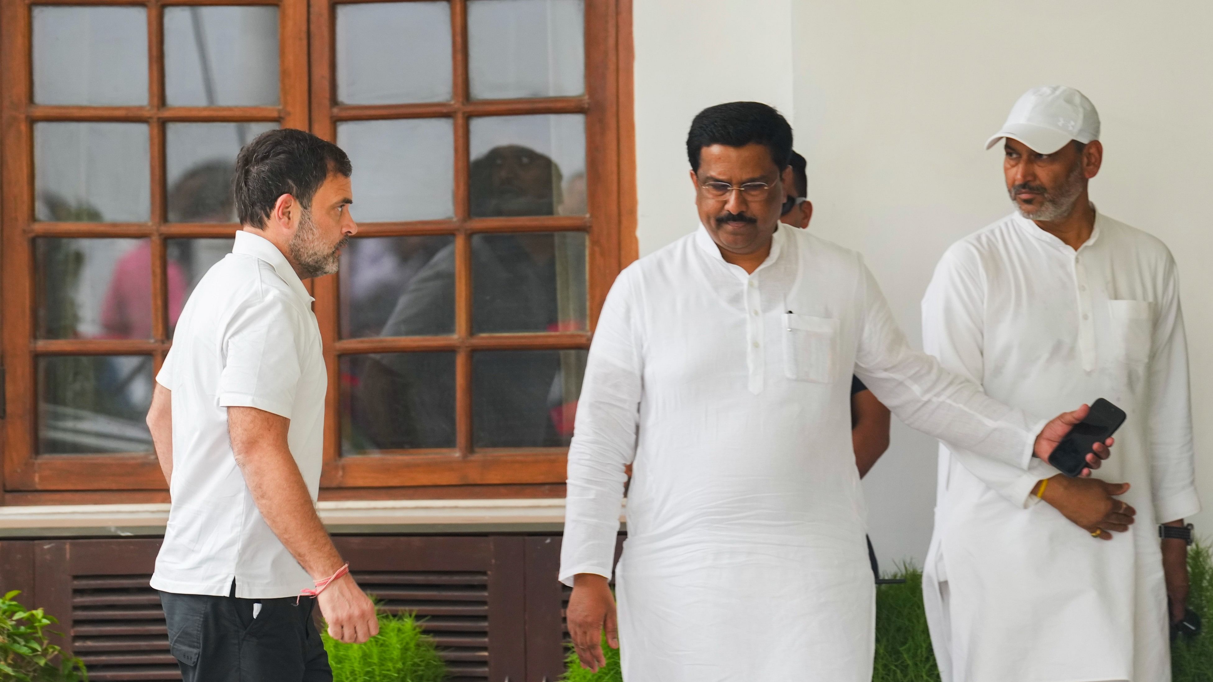 <div class="paragraphs"><p>Congress leader Rahul Gandhi arrives for a meeting of I.N.D.I.A. at party chief Mallikarjun Kharge's residence, in New Delhi, Saturday, June 1, 2024. </p></div>