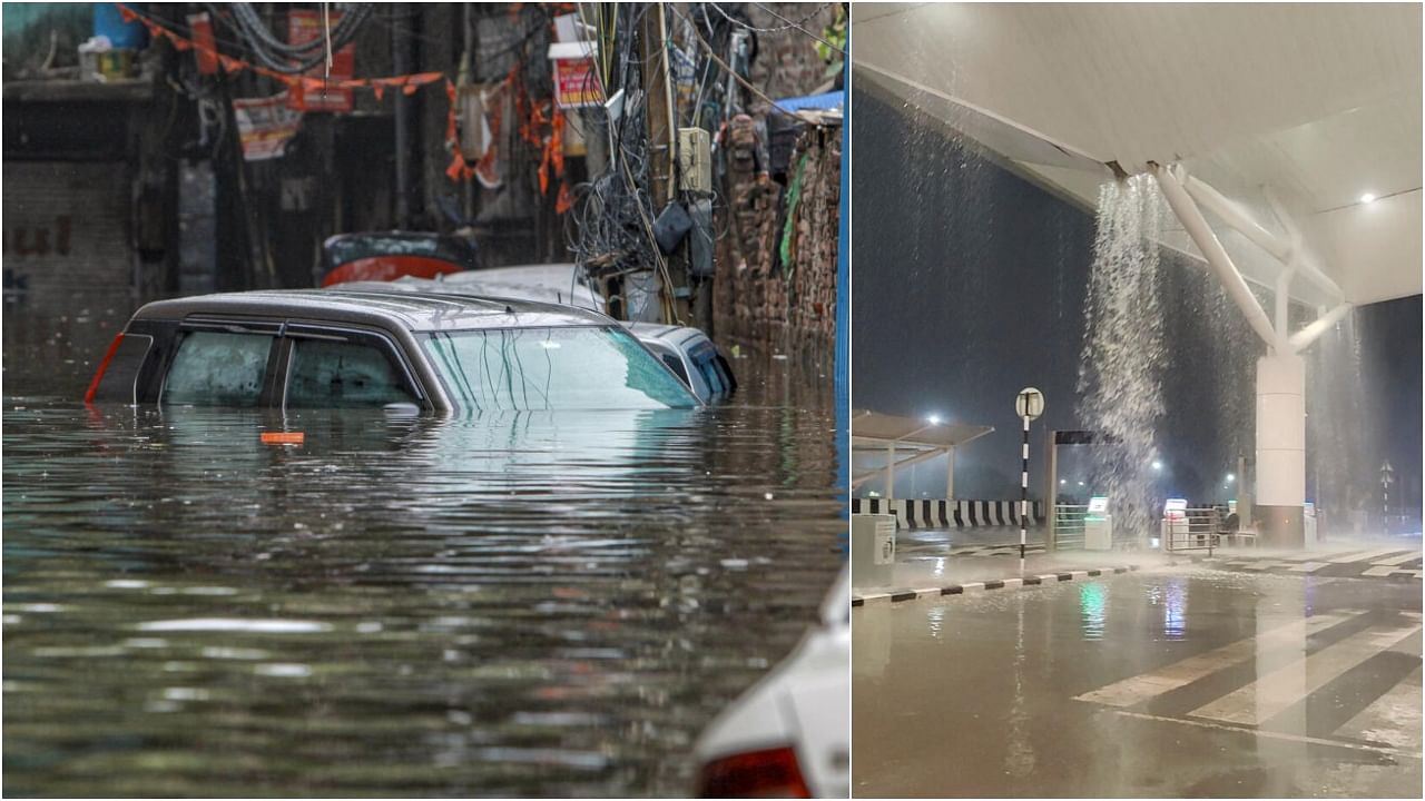 <div class="paragraphs"><p>A car submerged in floodwater in Delhi (L),&nbsp;Water seeps through the roof amid heavy rain at Terminal 1 at IGI Airport.</p></div>